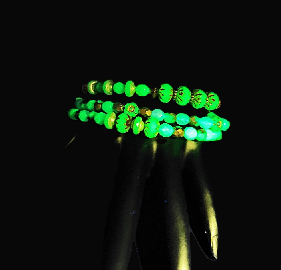 Uranium Blue Czech Glass 8" Three Stretch Bracelet Bundle Glow With This Set!