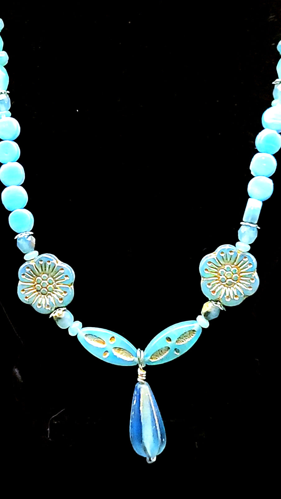 Uranium Czech UV Glass Beads and Genuine Turquoise 21" Necklace/ 1" Pendant