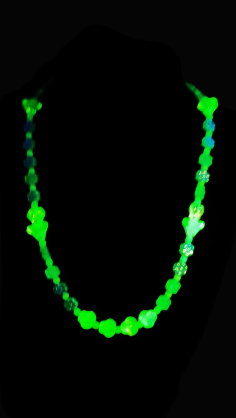 UV Glow Uranium Czech Blue and Yellow Flowers, Glass Bead 17" Necklace with Bead Spacers