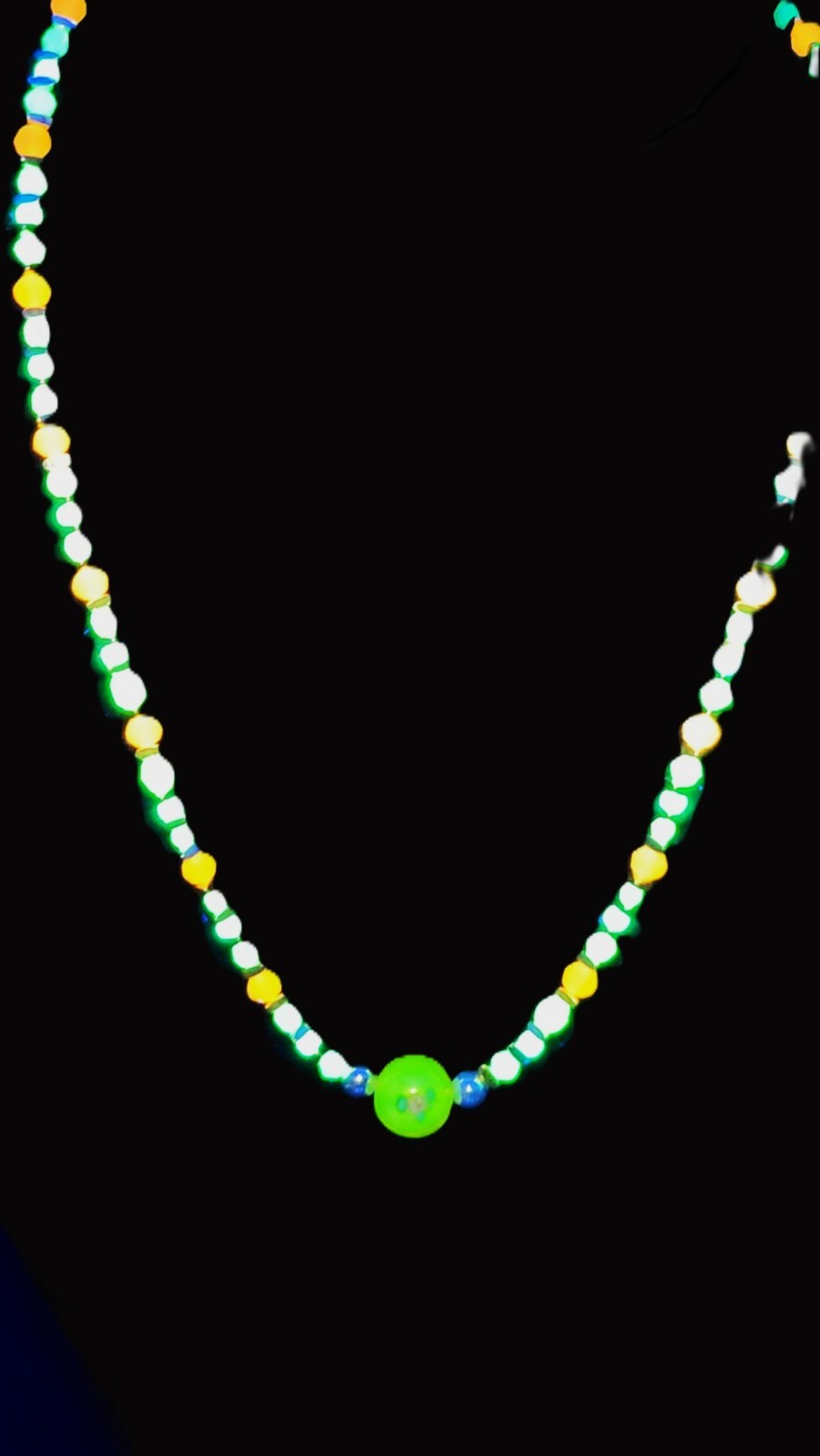 Uranium White and Green Glass Beads, UV Reactive Myuki Bead 16" Necklace