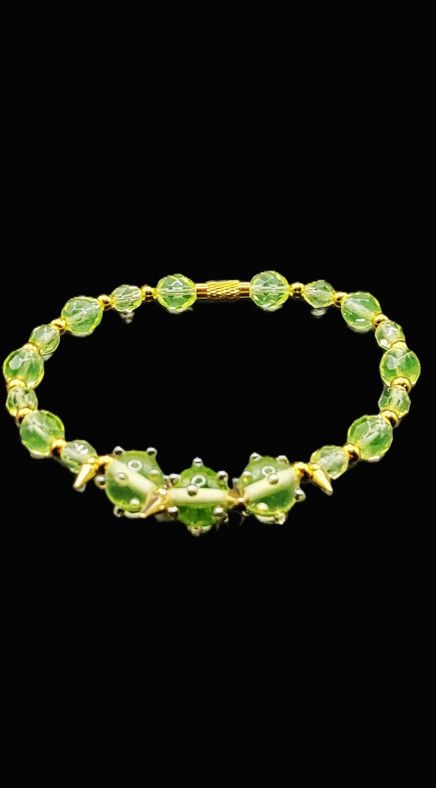 UV Glow Uranium Czech Crystal Glass Beads, "Spike" Lamp-work Beads Fake out Bracelet 8"