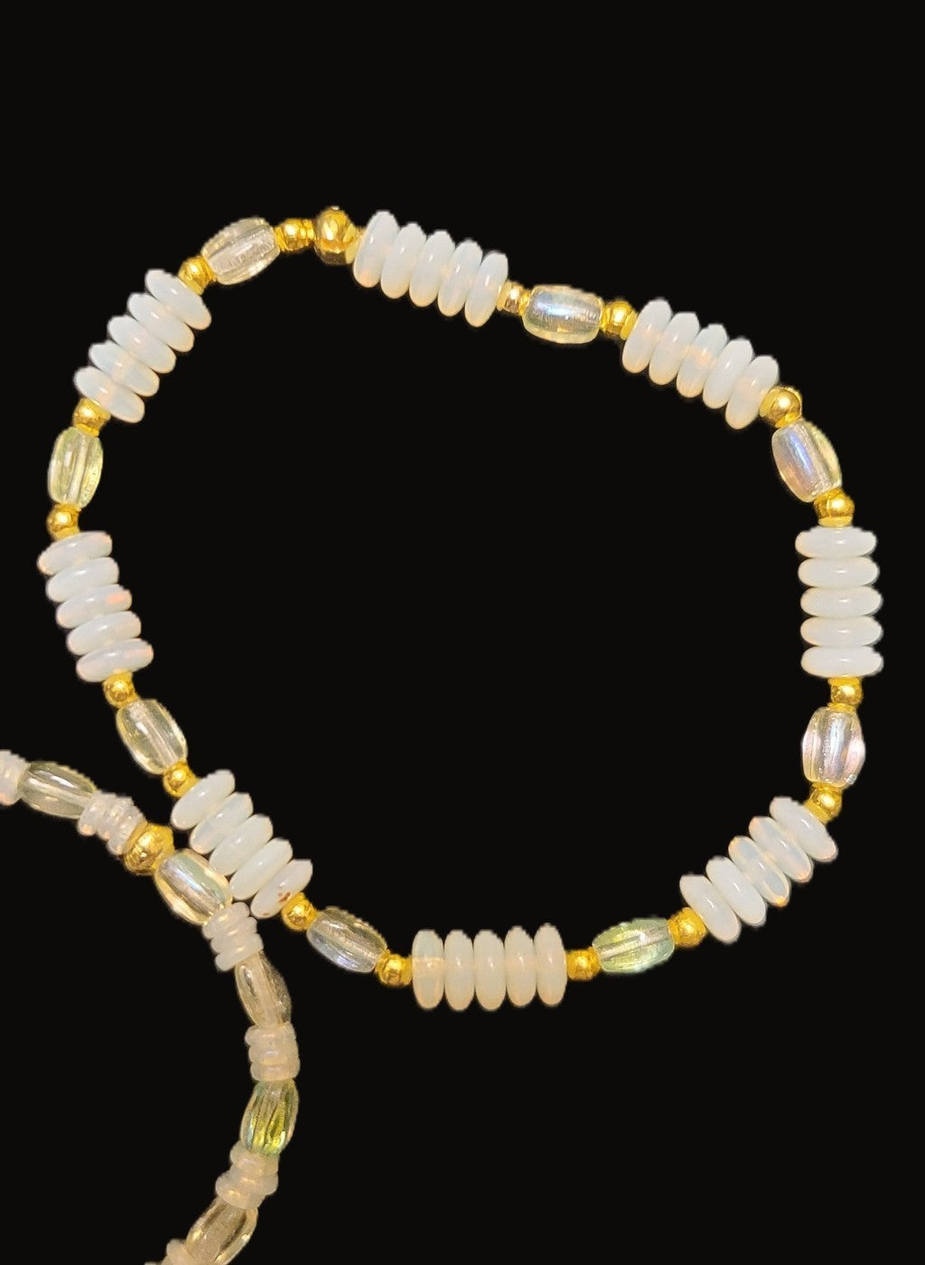 Uranium brilliant glow white and green glass bead 2 bracelet set, stretch with spacers 7"