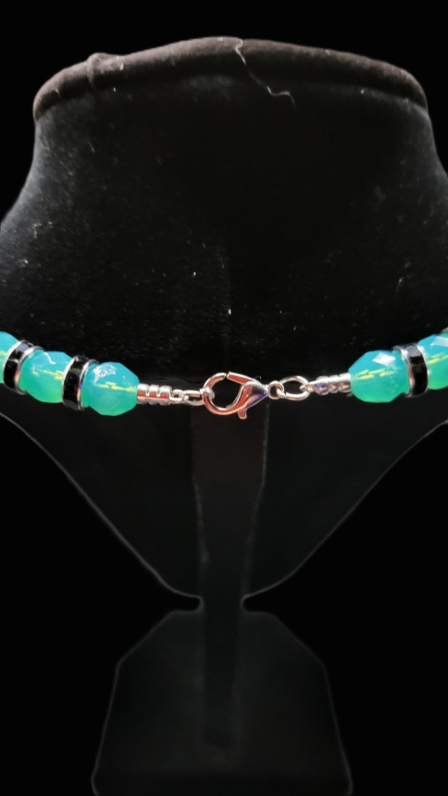 UV Glow Uranium Czech Glass Blue Beads and Black AB Glass 21" Heart Necklace and 2" Pendant