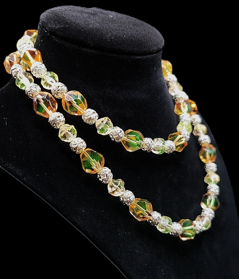 UV Glow! Uranium Czech Glass Peach Bead 28" Necklace with Bling Silver Spacers