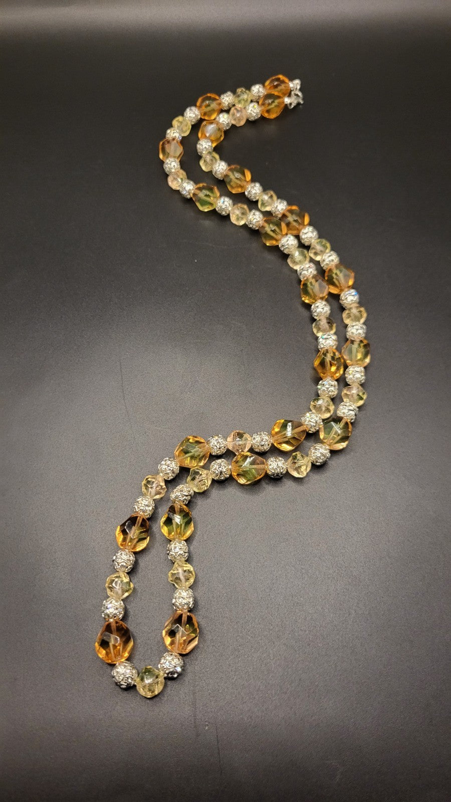 UV Glow! Uranium Czech Glass Peach Bead 28" Necklace with Bling Silver Spacers