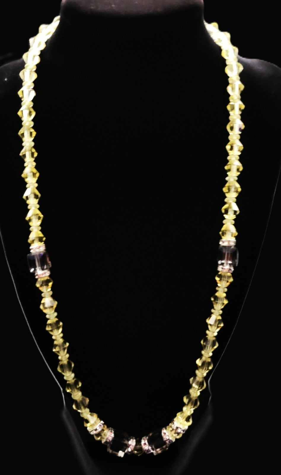UV Glow Uranium Czech Yellow Crystals Bicone Glass Beads 22" Necklace with Accents