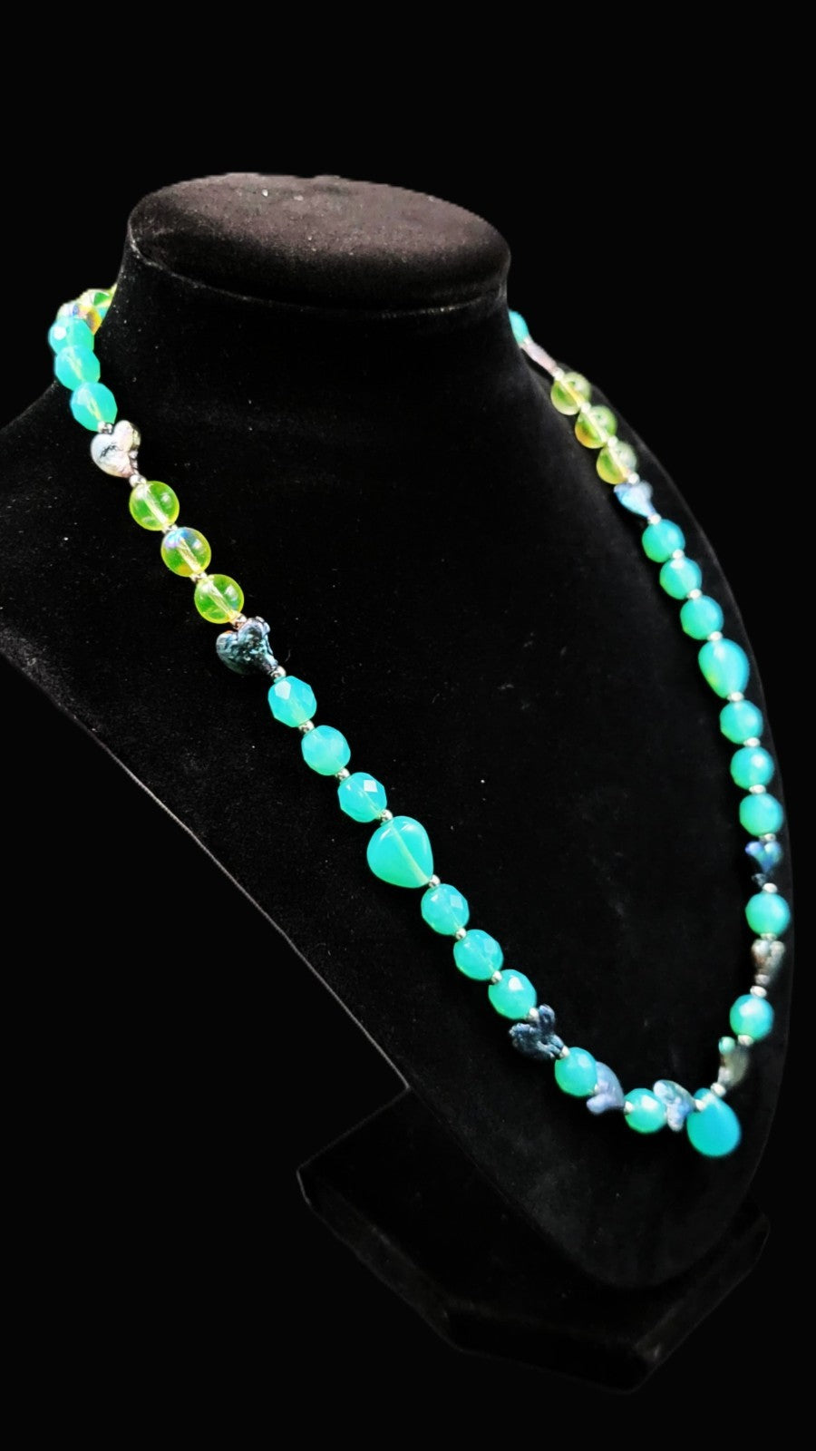 UV Glow Uranium Czech Blue Glass Beads with Black Cultured Pearl Hearts 20" Necklace