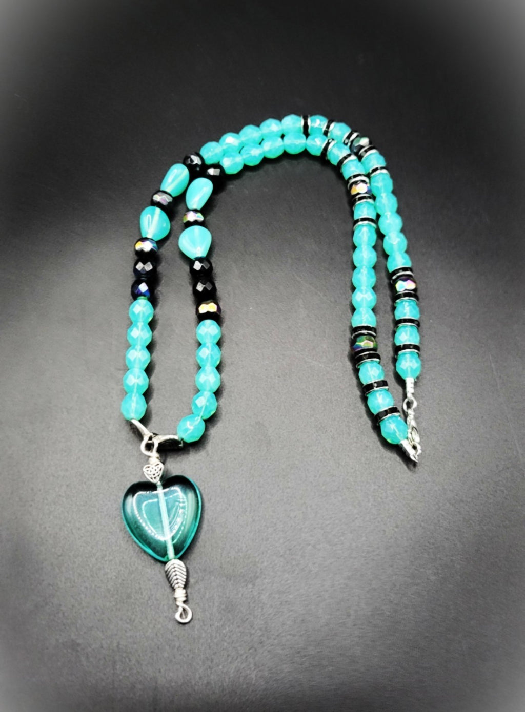 UV Glow Uranium Czech Glass Blue Beads and Black AB Glass 21" Heart Necklace and 2" Pendant
