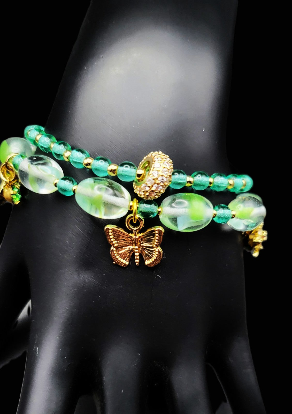 Glow With This! Czech Green and Aqua 2 Stretch Bracelet Set with Charms 7"