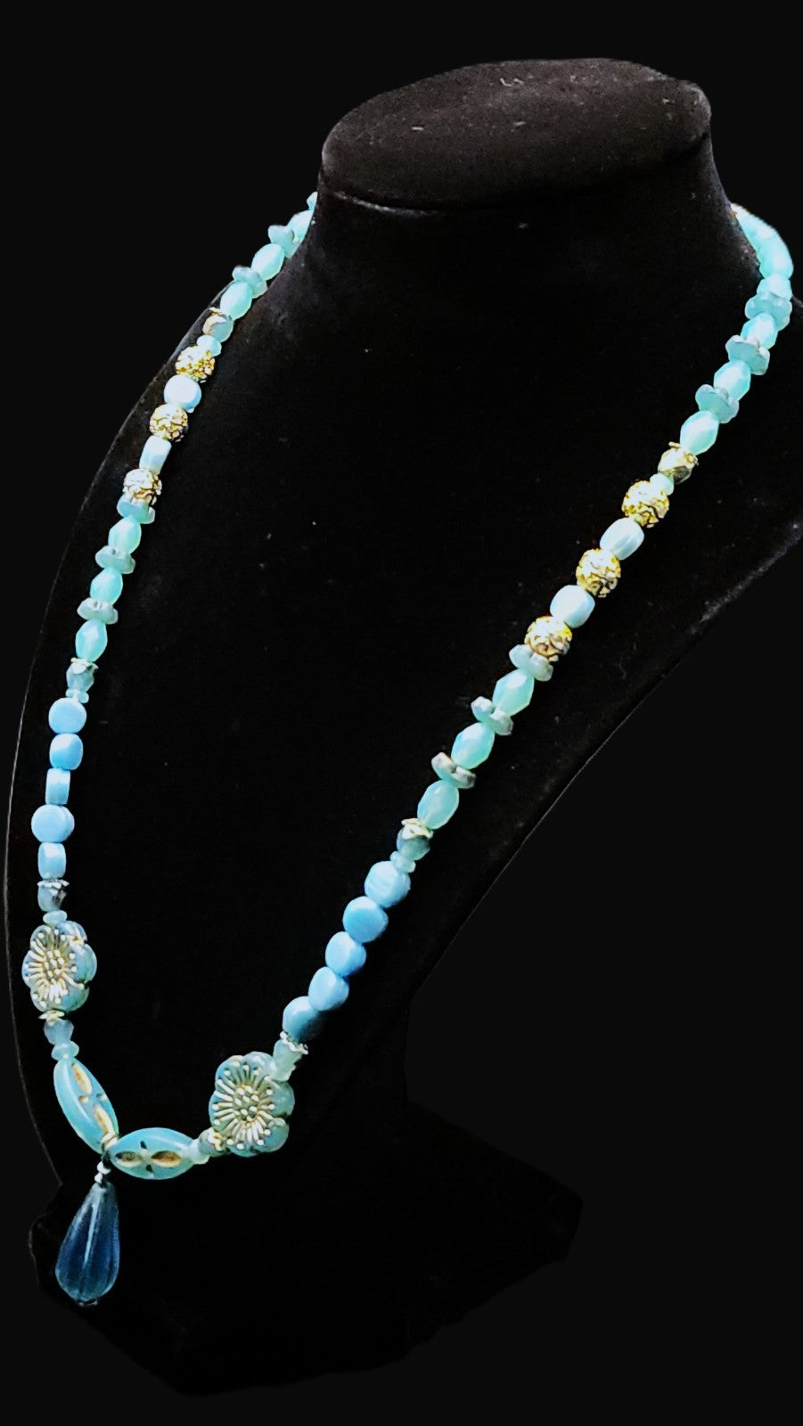 Uranium Czech UV Glass Beads and Genuine Turquoise 21" Necklace/ 1" Pendant