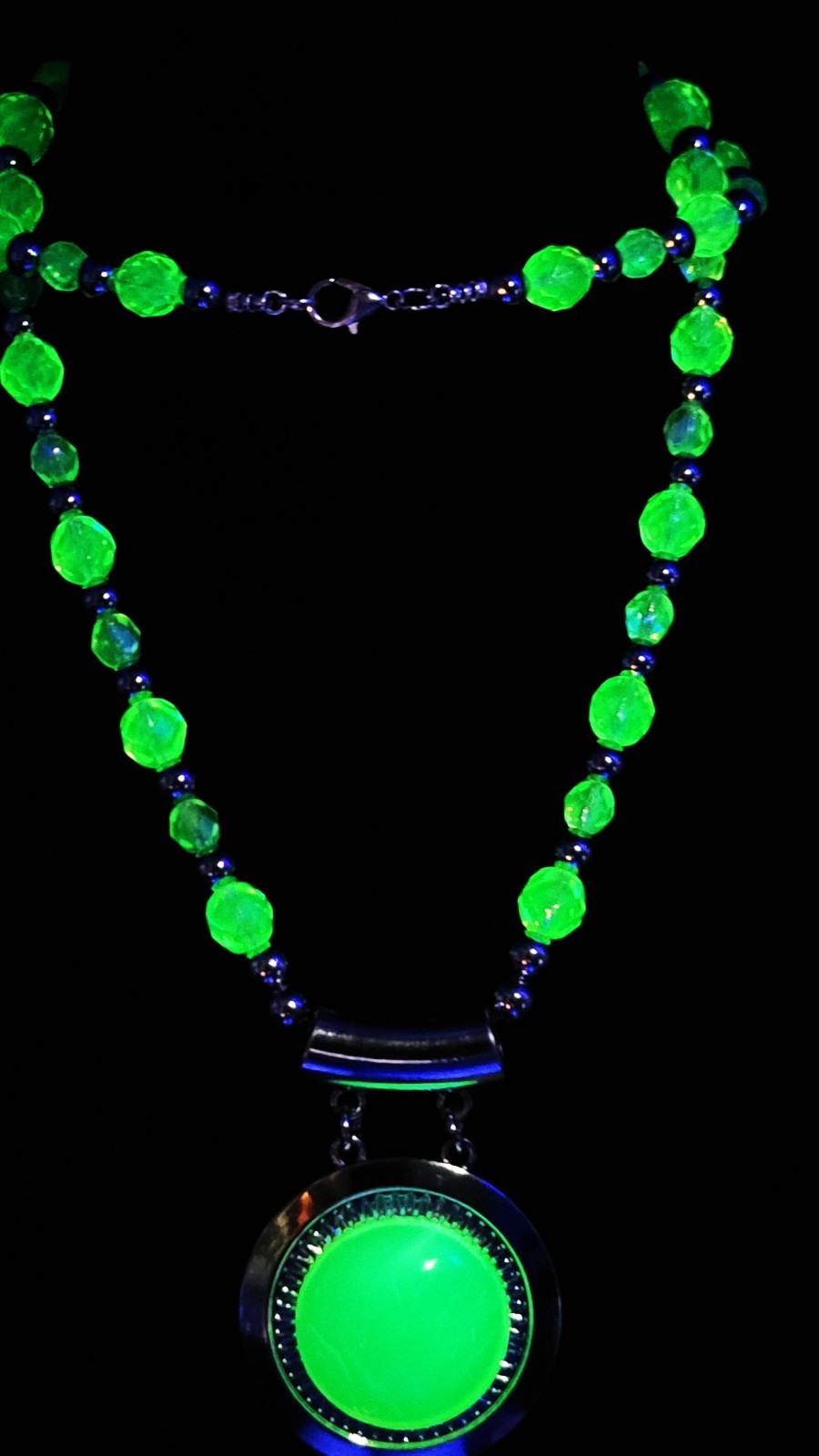 UV Glow Uranium Czech Glass Faceted Beads 26" Necklace/ 3" Opal Uranium Pendant and Lanyard