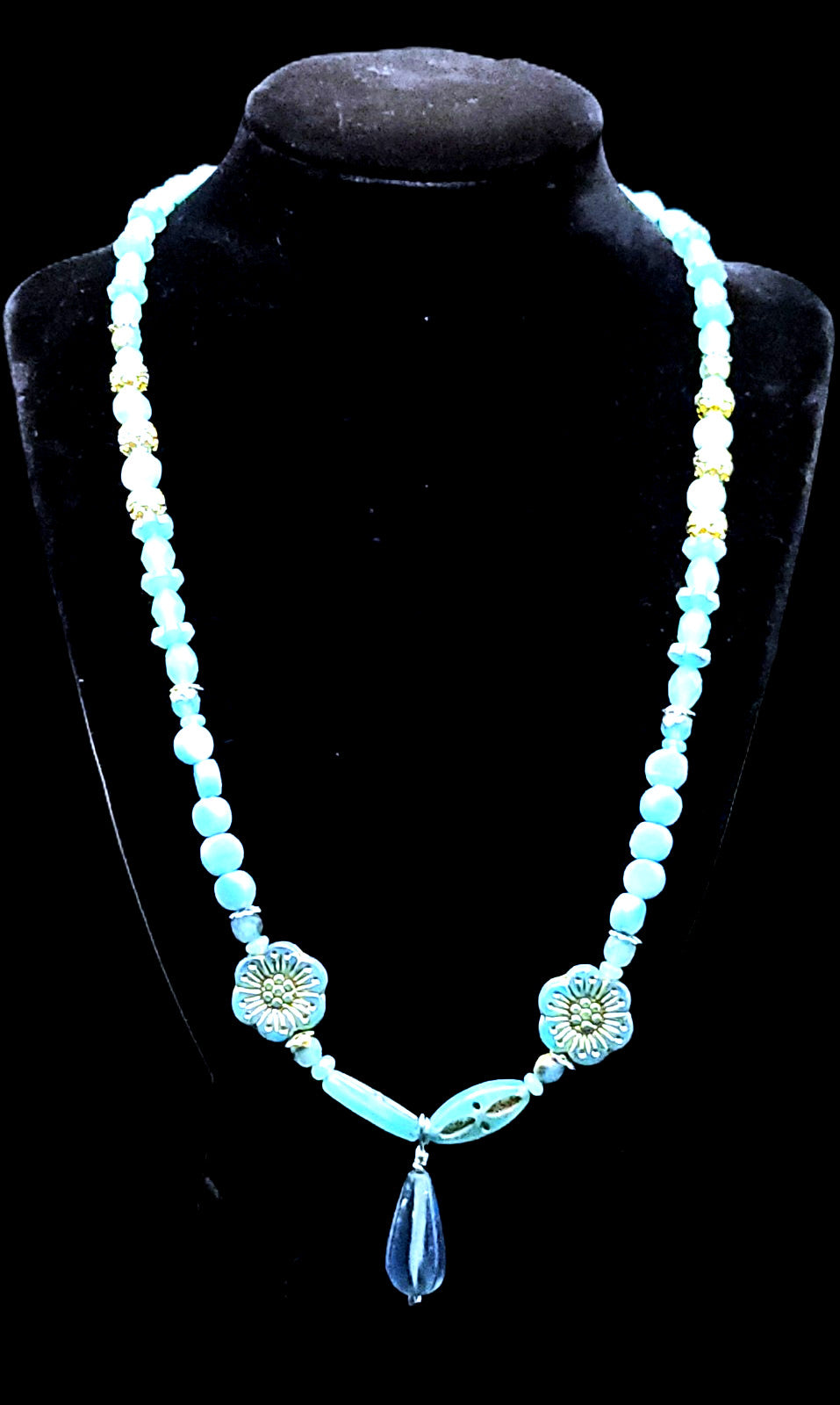 Uranium Czech UV Glass Beads and Genuine Turquoise 21" Necklace/ 1" Pendant