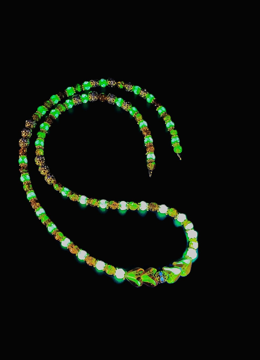 UV Glow Uranium Czech Glass Orange Crackle, Amber Colored and Green Beads 24" Fall Necklace with Spacers
