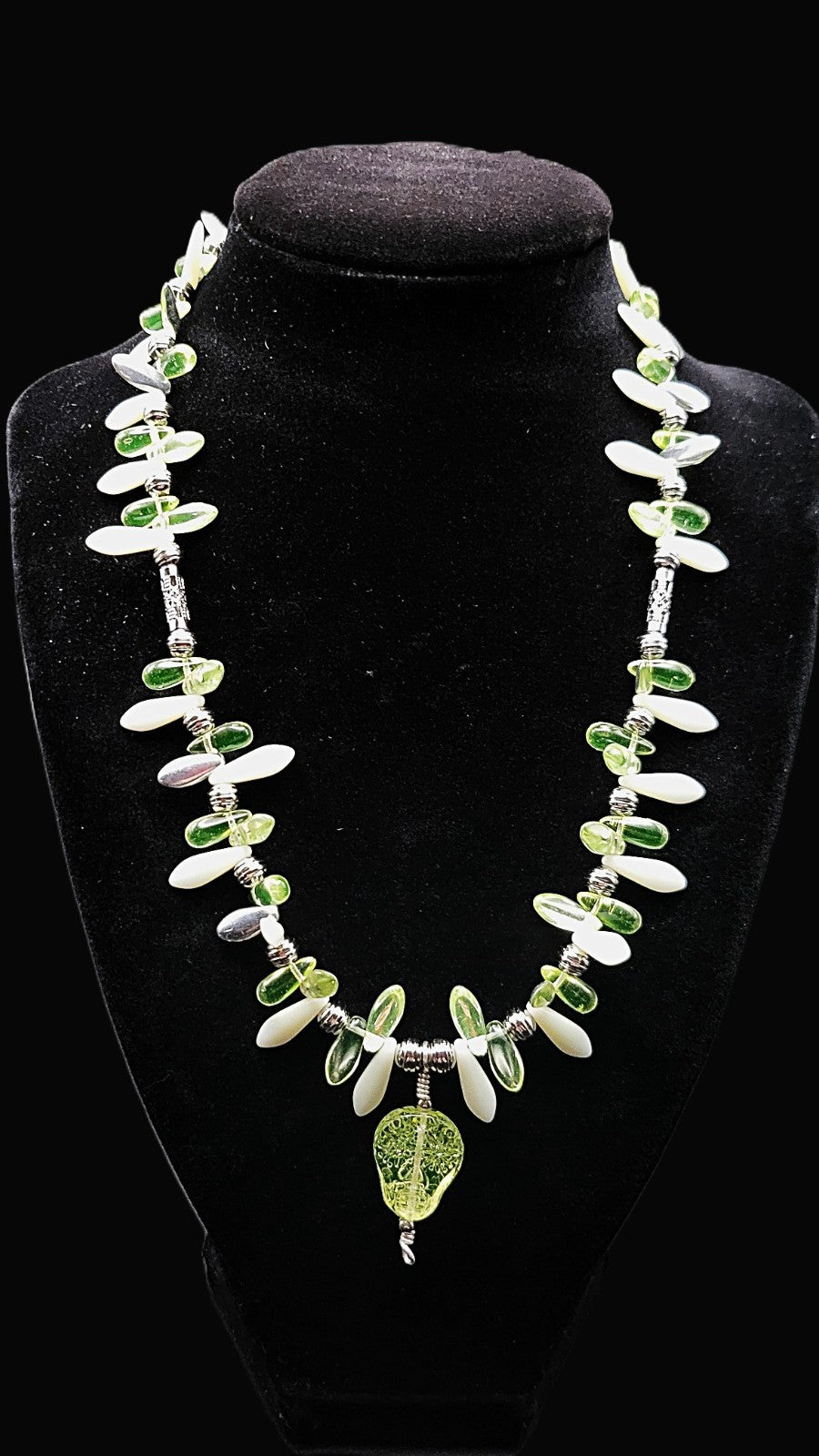 UV Uranium Glow Czech Sugar Skull Pendant, 17" Czech Dagger Uranium beads Necklace