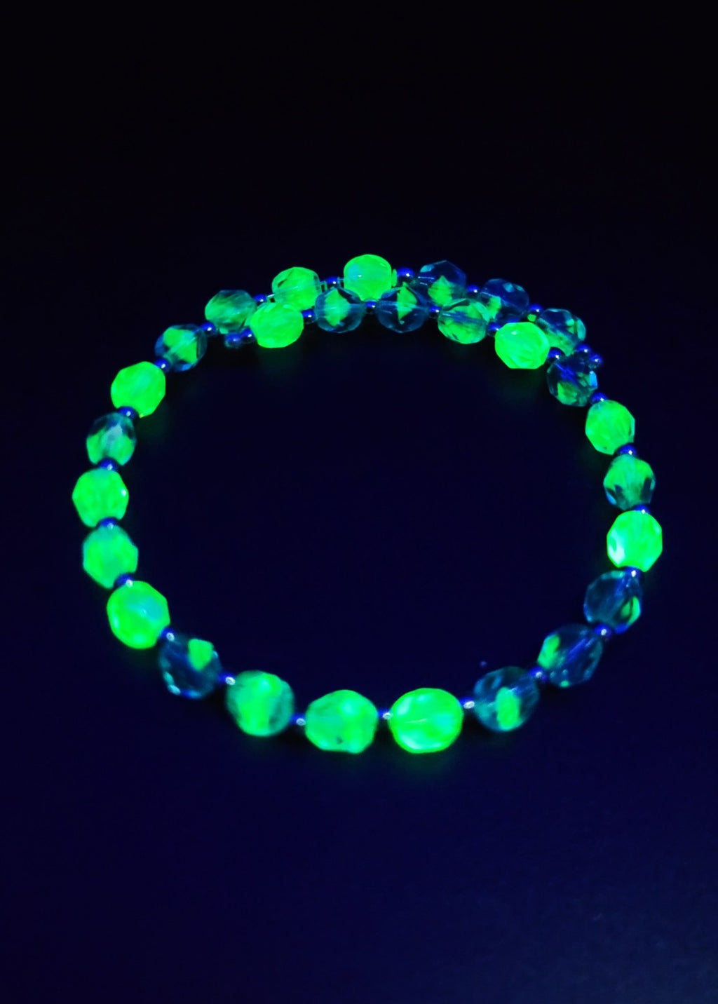 UV Glow Uranium Faceted Glass Beads 8" Bracelet on Memory Coil Wire