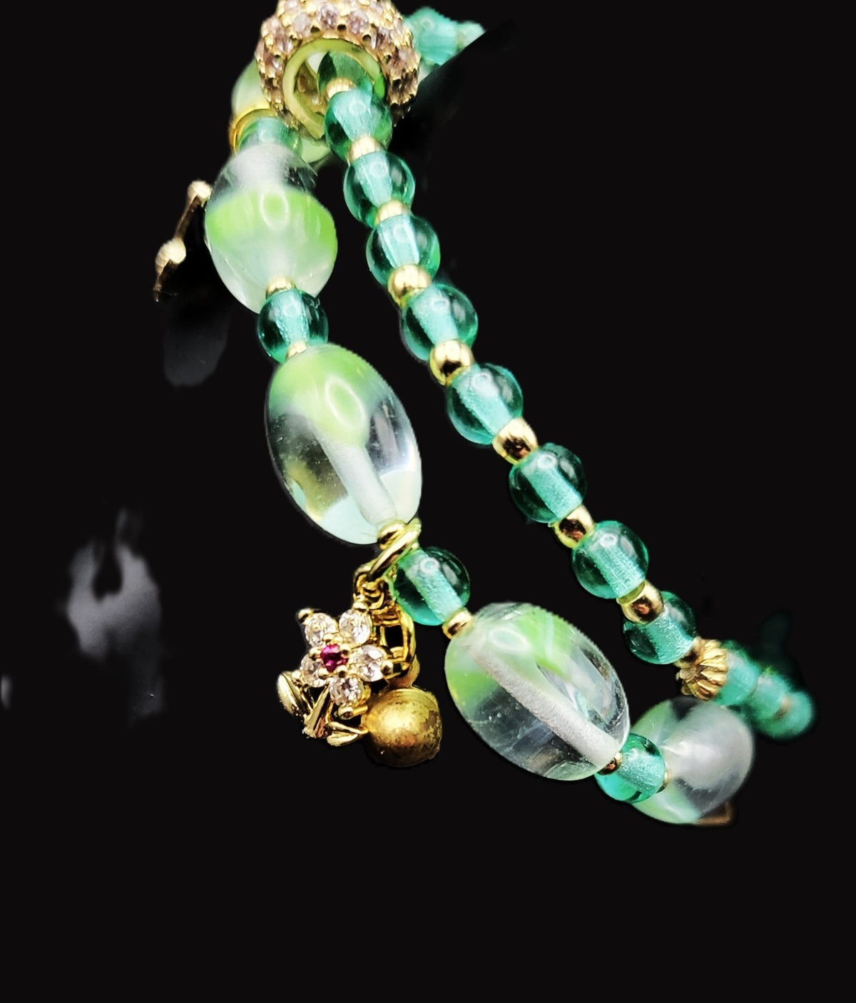 Glow With This! Czech Green and Aqua 2 Stretch Bracelet Set with Charms 7"