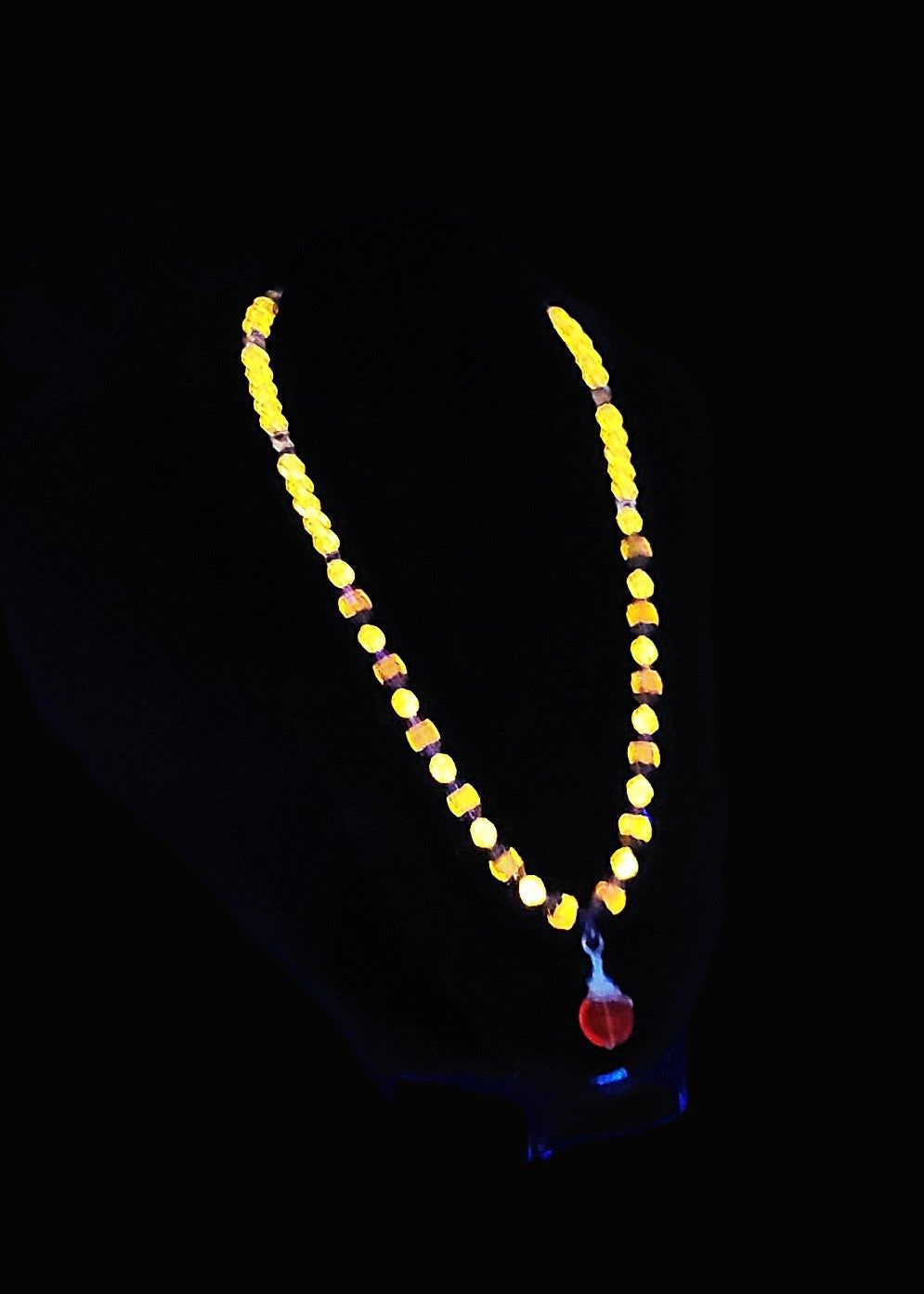 UV Glow Cadmium Glass Beads 18" Necklace Strung on Silver Tone Snake Chain