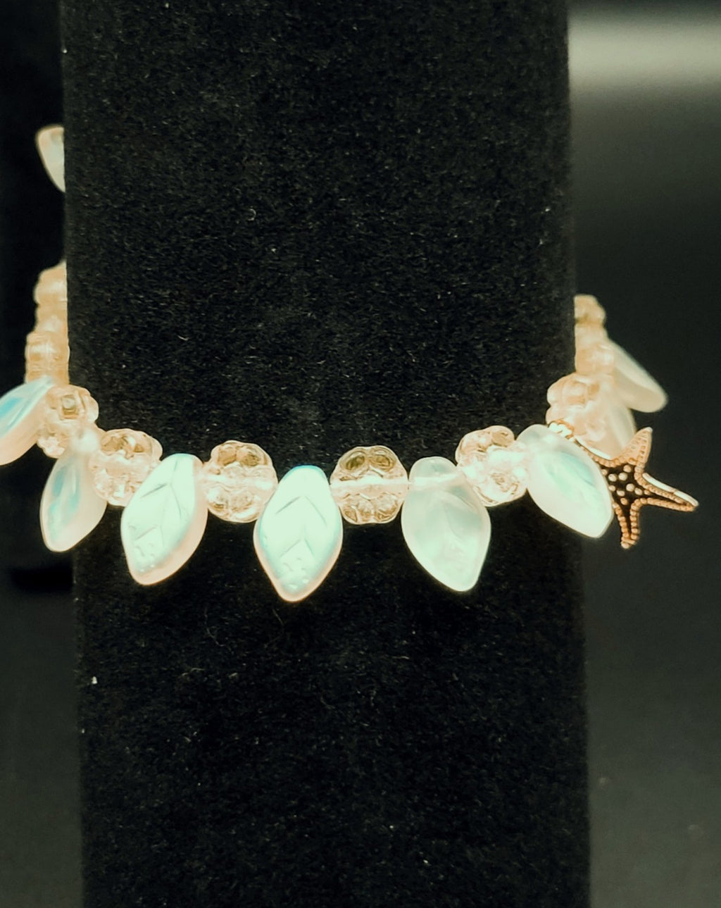 Uranium UV Glow Yellow Flowers with Iridescent Leaves, Starfish Charm Stretch 8" Bracelet