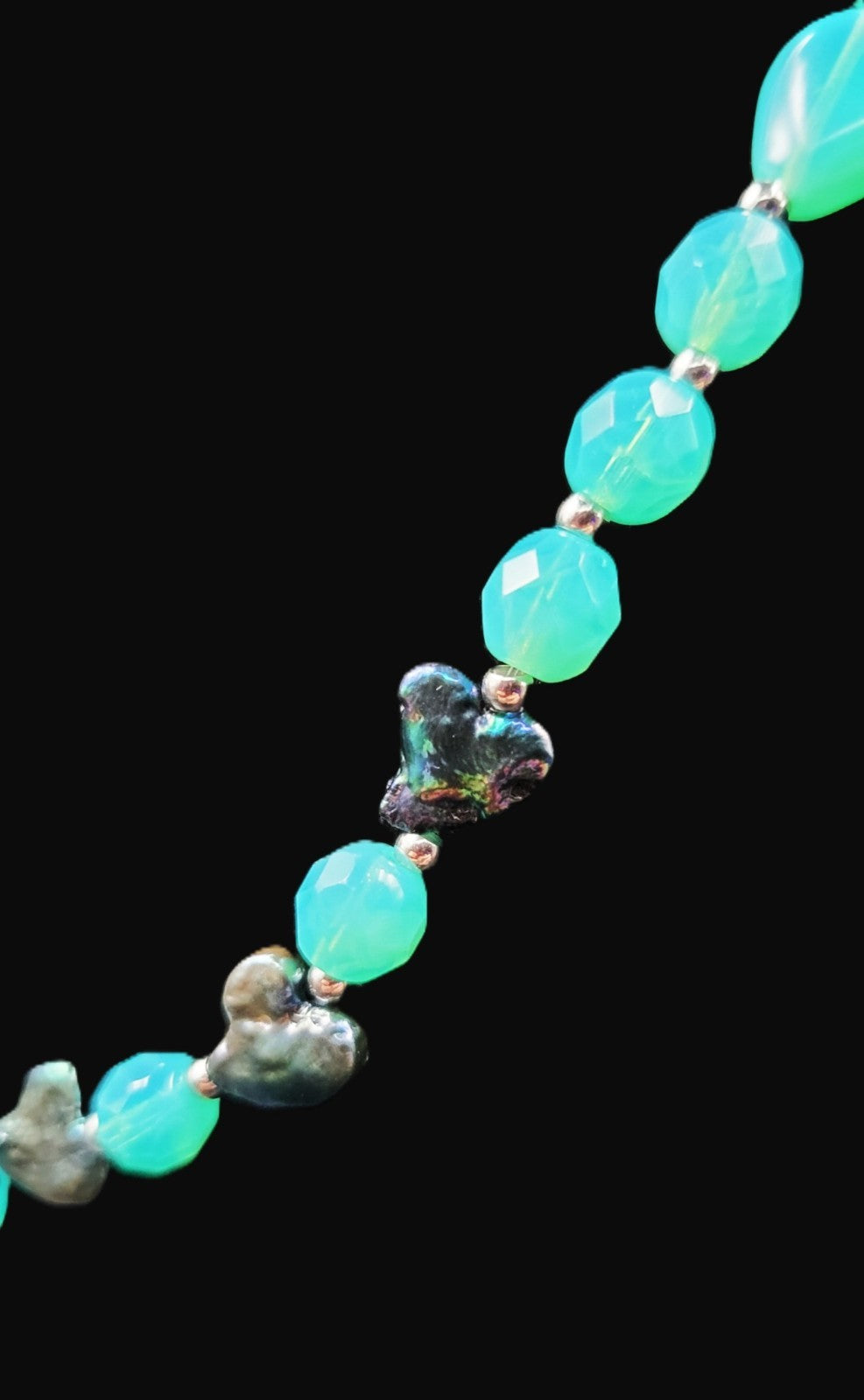 UV Glow Uranium Czech Blue Glass Beads with Black Cultured Pearl Hearts 20" Necklace