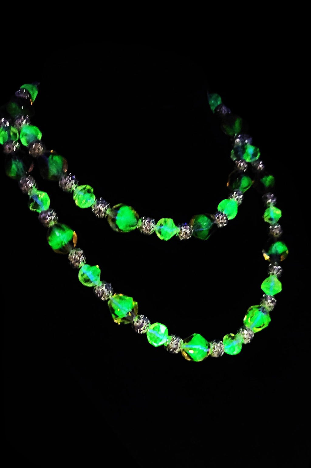 UV Glow! Uranium Czech Glass Peach Bead 28" Necklace with Bling Silver Spacers
