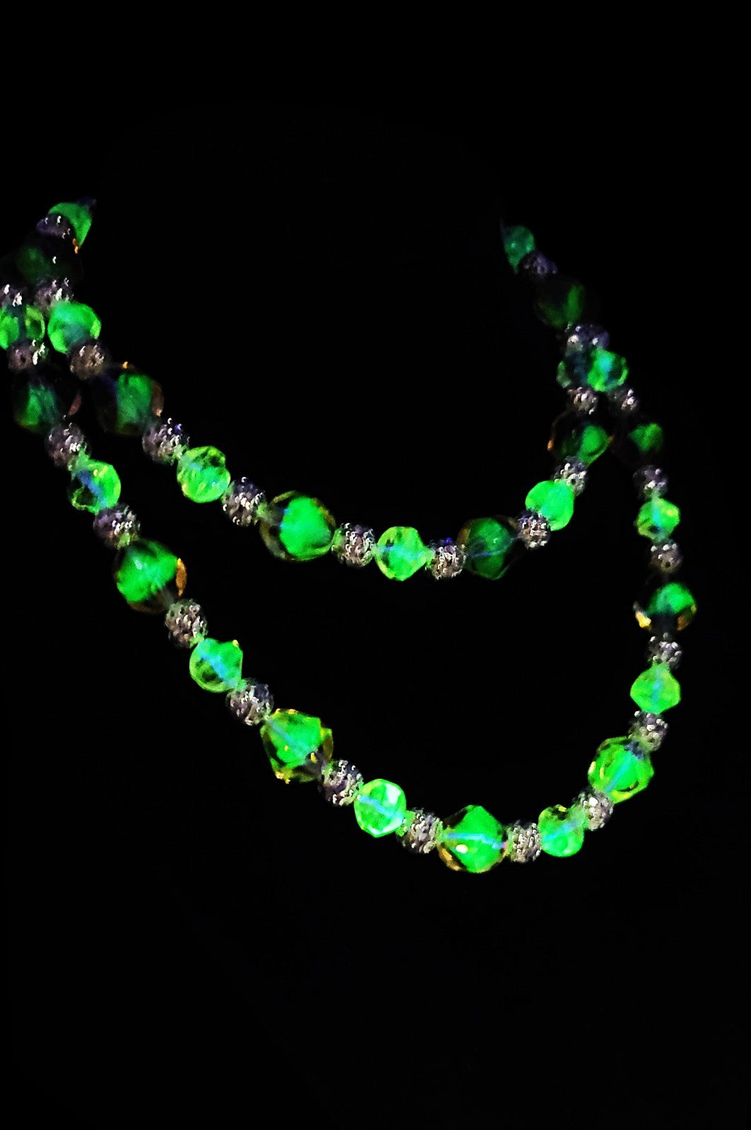 UV Glow! Uranium Czech Glass Peach Bead 28" Necklace with Bling Silver Spacers