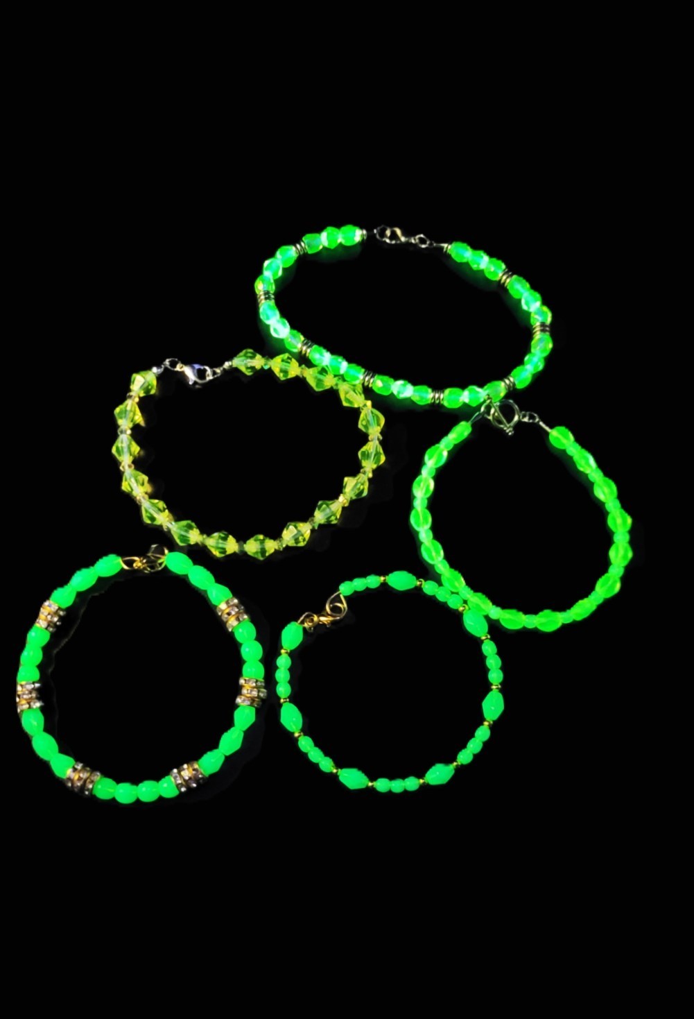 UV Glow Uranium Czech Glass Bead Bracelet Bundle, Coil Bangle, Stretch and Chained From 6.5 - 9"