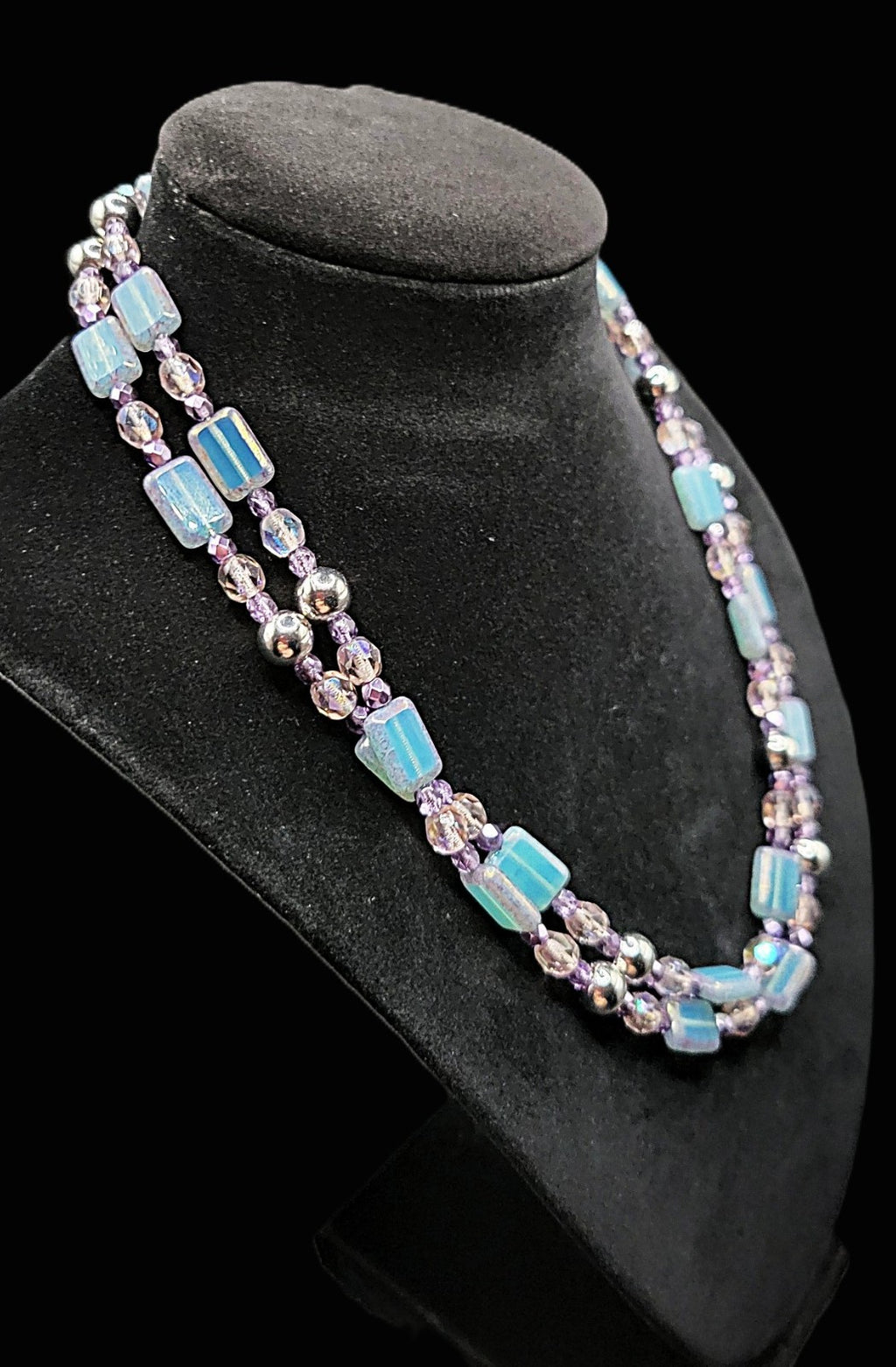 UV Glow Uranium Czech Blue Glass Beads with Amethyst and Pink Glass Spacer 35" Necklace