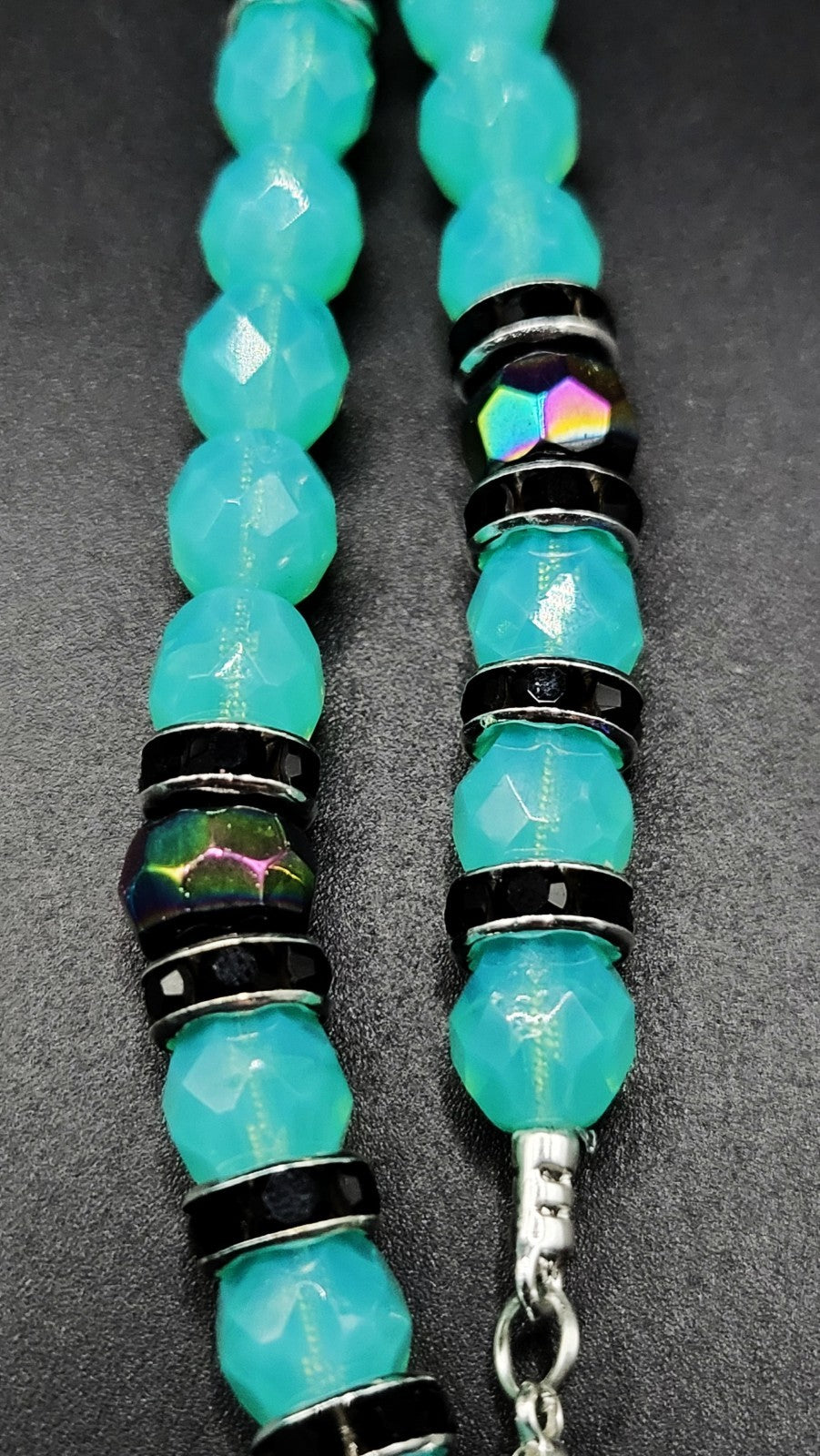 UV Glow Uranium Czech Glass Blue Beads and Black AB Glass 21" Heart Necklace and 2" Pendant