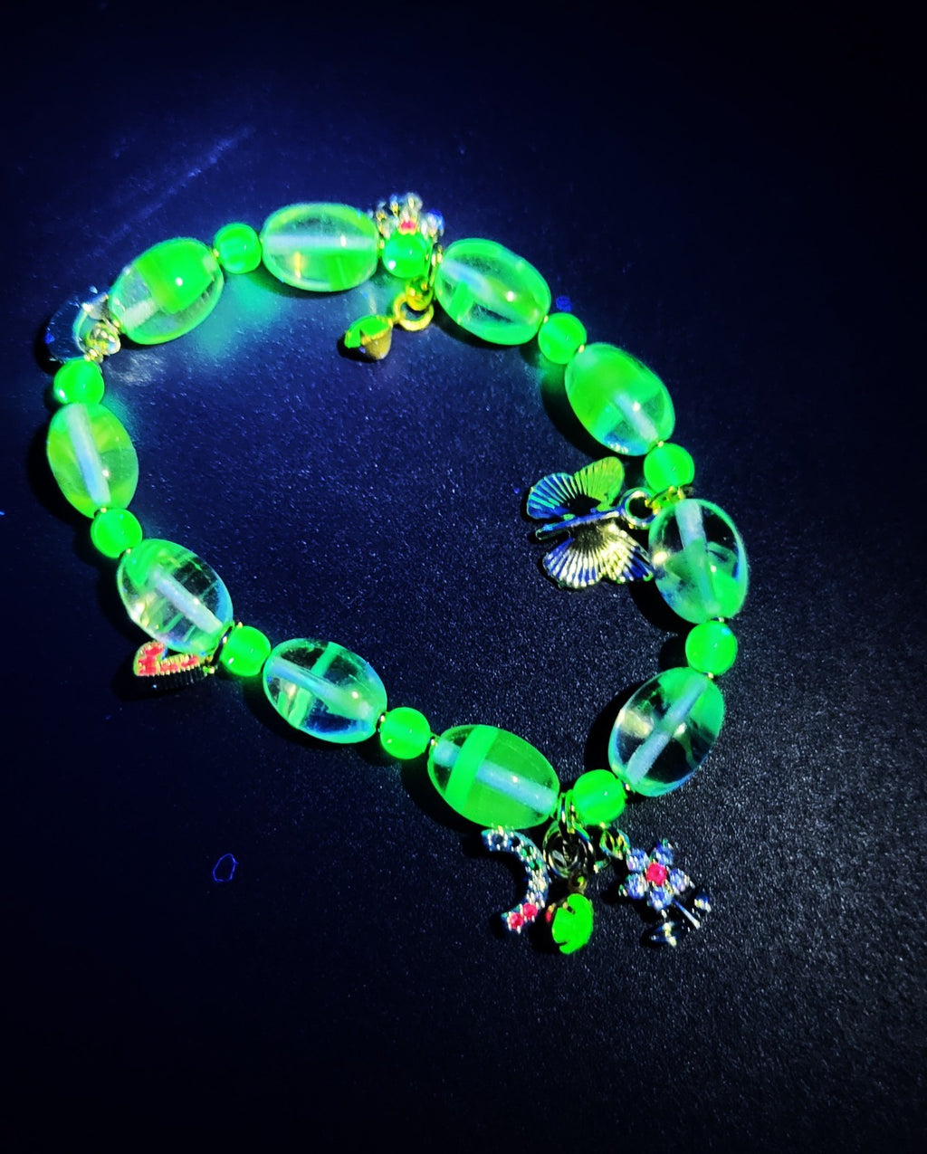 Glow With This! Czech Green and Aqua 2 Stretch Bracelet Set with Charms 7"