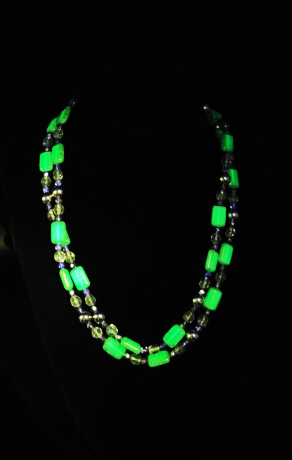 UV Glow Uranium Czech Blue Glass Beads with Amethyst and Pink Glass Spacer 35" Necklace