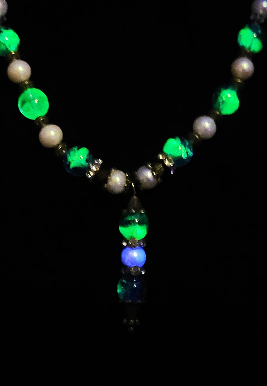Uranium UV Reactive Czech Blue Glass Beads and Faux Pearls 16" Necklace