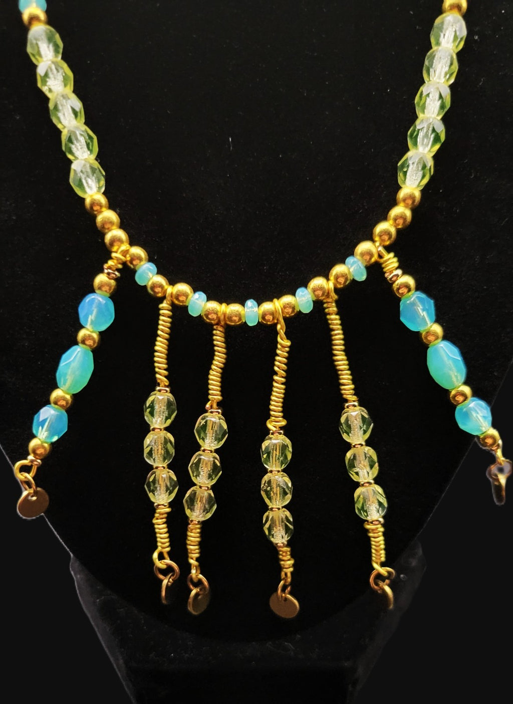 Uranium Turquoise and Green Colored Glass Beads, Hand Wired Dangles 16" Necklace