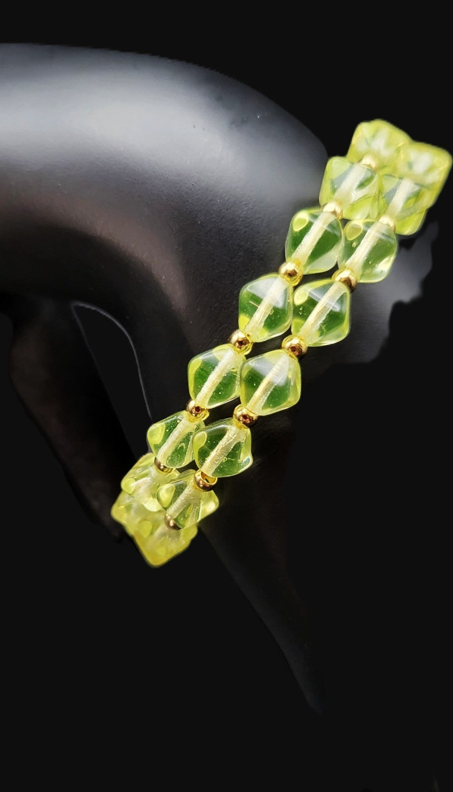 Uranium Glass Czech UV Bead Double Coil Memory Gold Tone Wire Bracelet