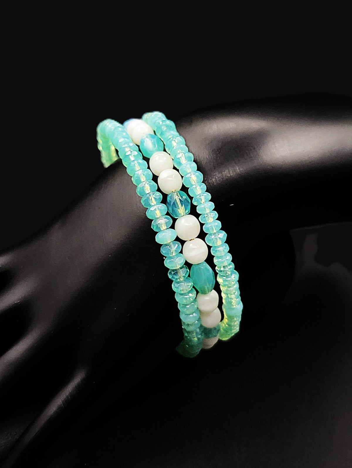 UV Glow Uranium Czech Glass Bead Triple Strand Aqua Coil Bracelet on Gold Tone Memory Wire