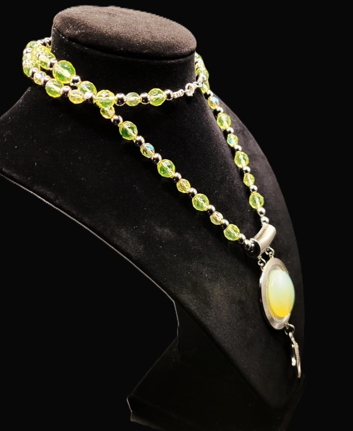 UV Glow Uranium Czech Glass Faceted Beads 26" Necklace/ 3" Opal Uranium Pendant and Lanyard