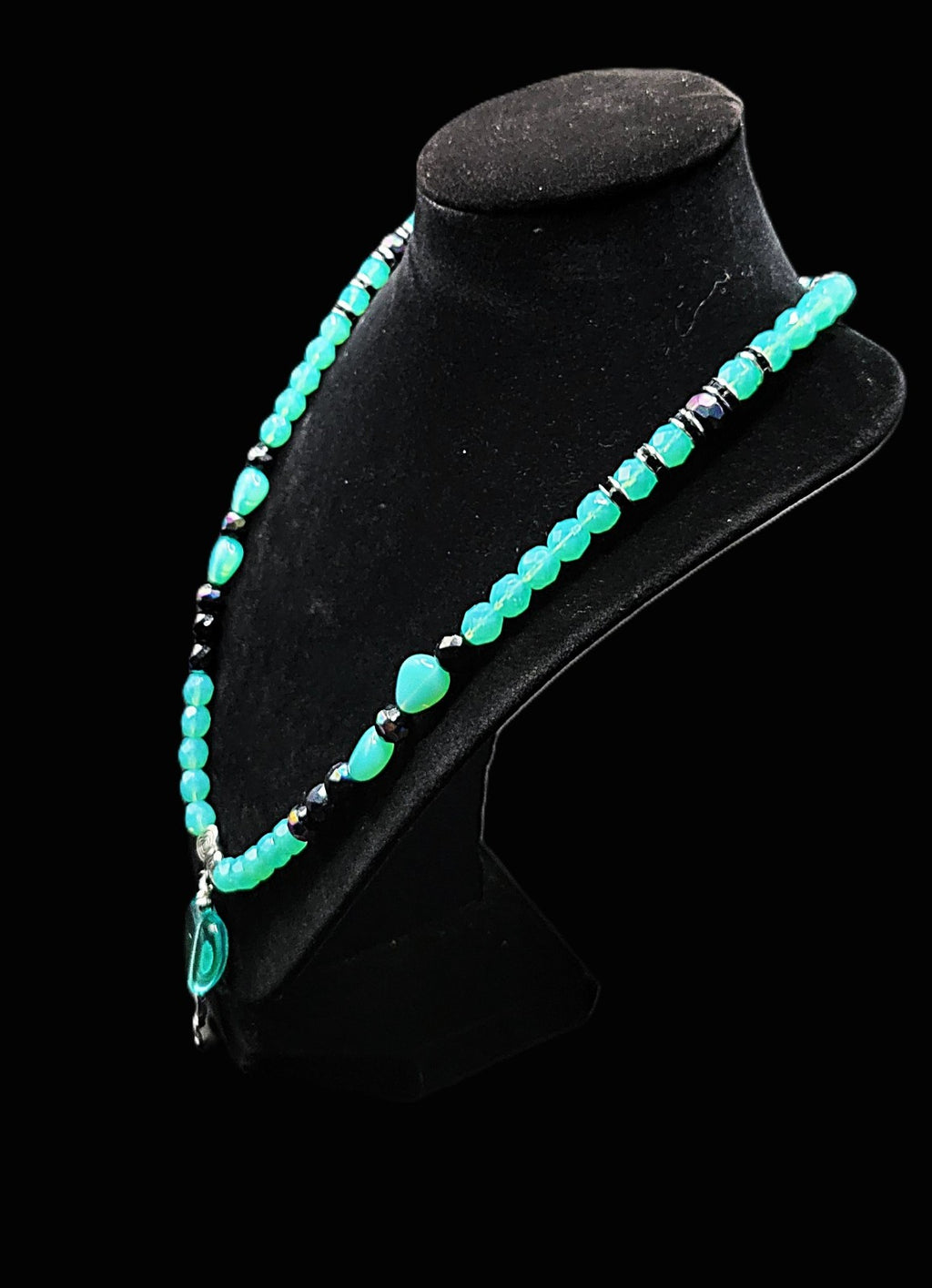 UV Glow Uranium Czech Glass Blue Beads and Black AB Glass 21" Heart Necklace and 2" Pendant