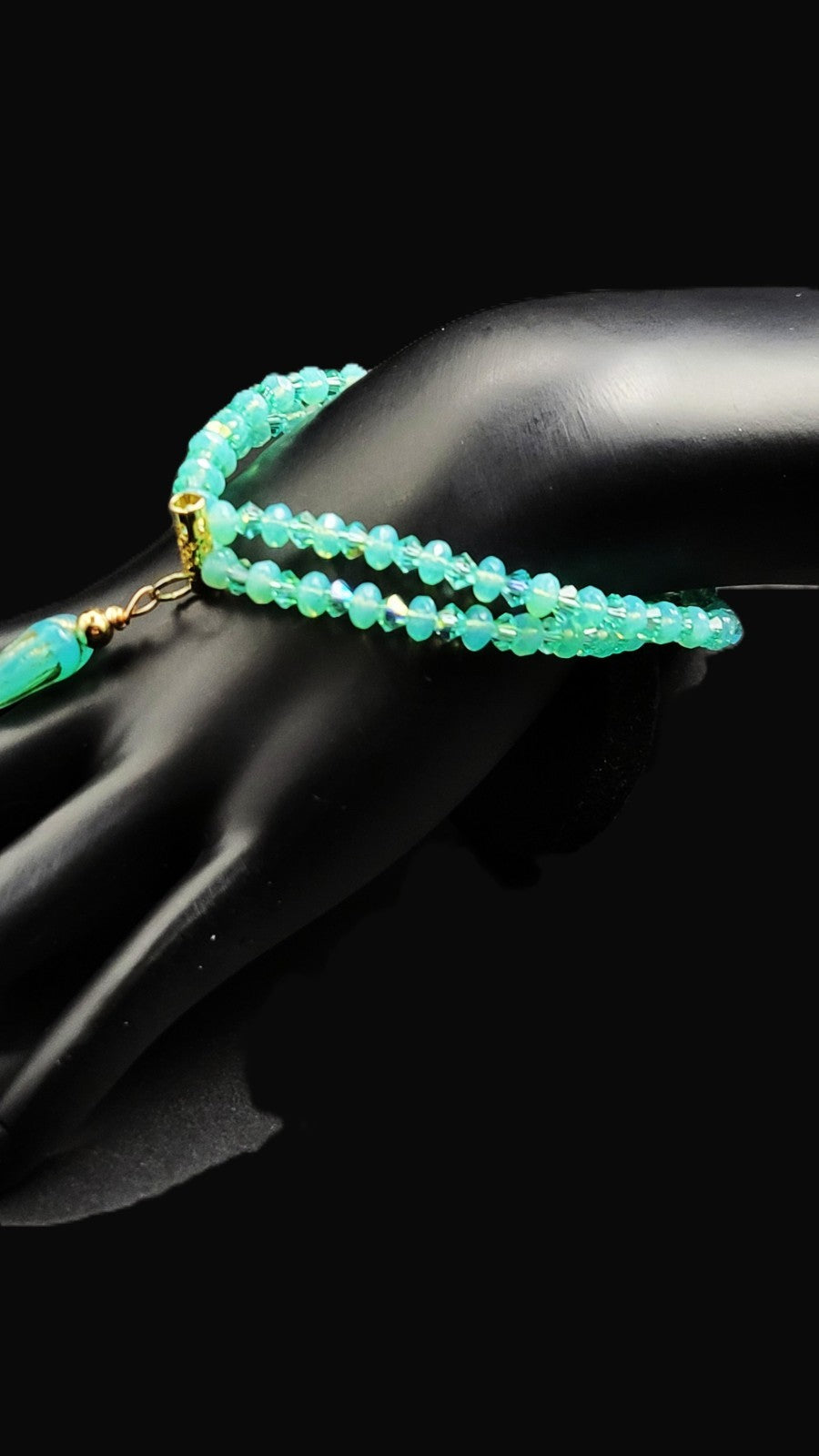 UV Uranium Czech Double Strand Aqua Glass Beads and Crystals, Bracelet 8" with Center Dangle