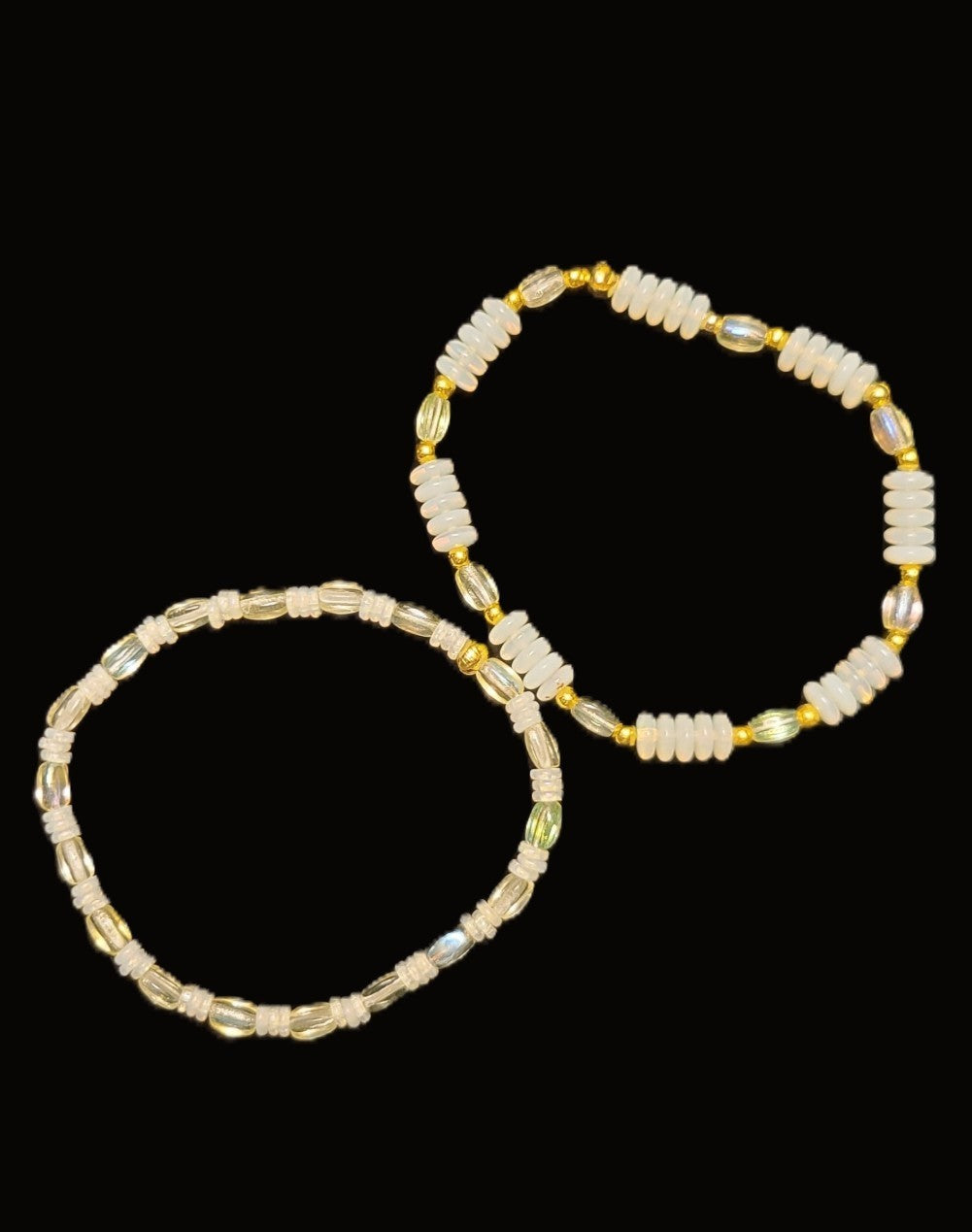 Uranium brilliant glow white and green glass bead 2 bracelet set, stretch with spacers 7"