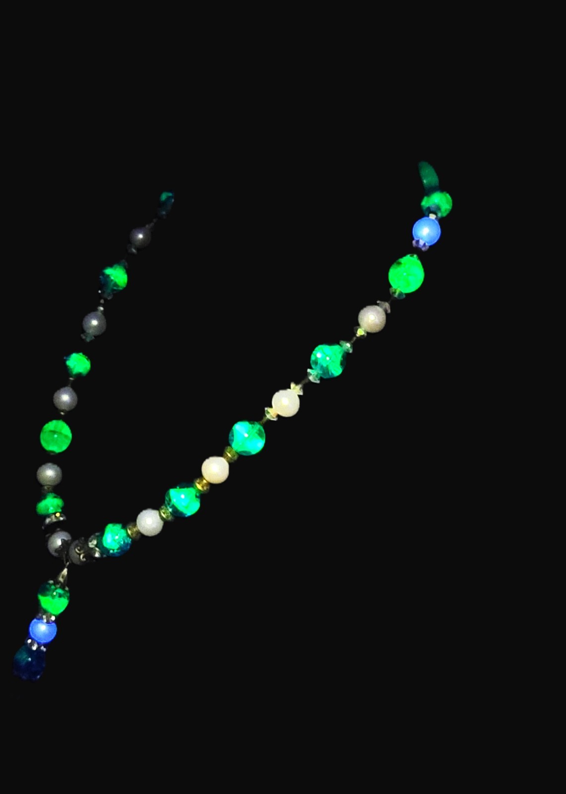 Uranium UV Reactive Czech Blue Glass Beads and Faux Pearls 16" Necklace