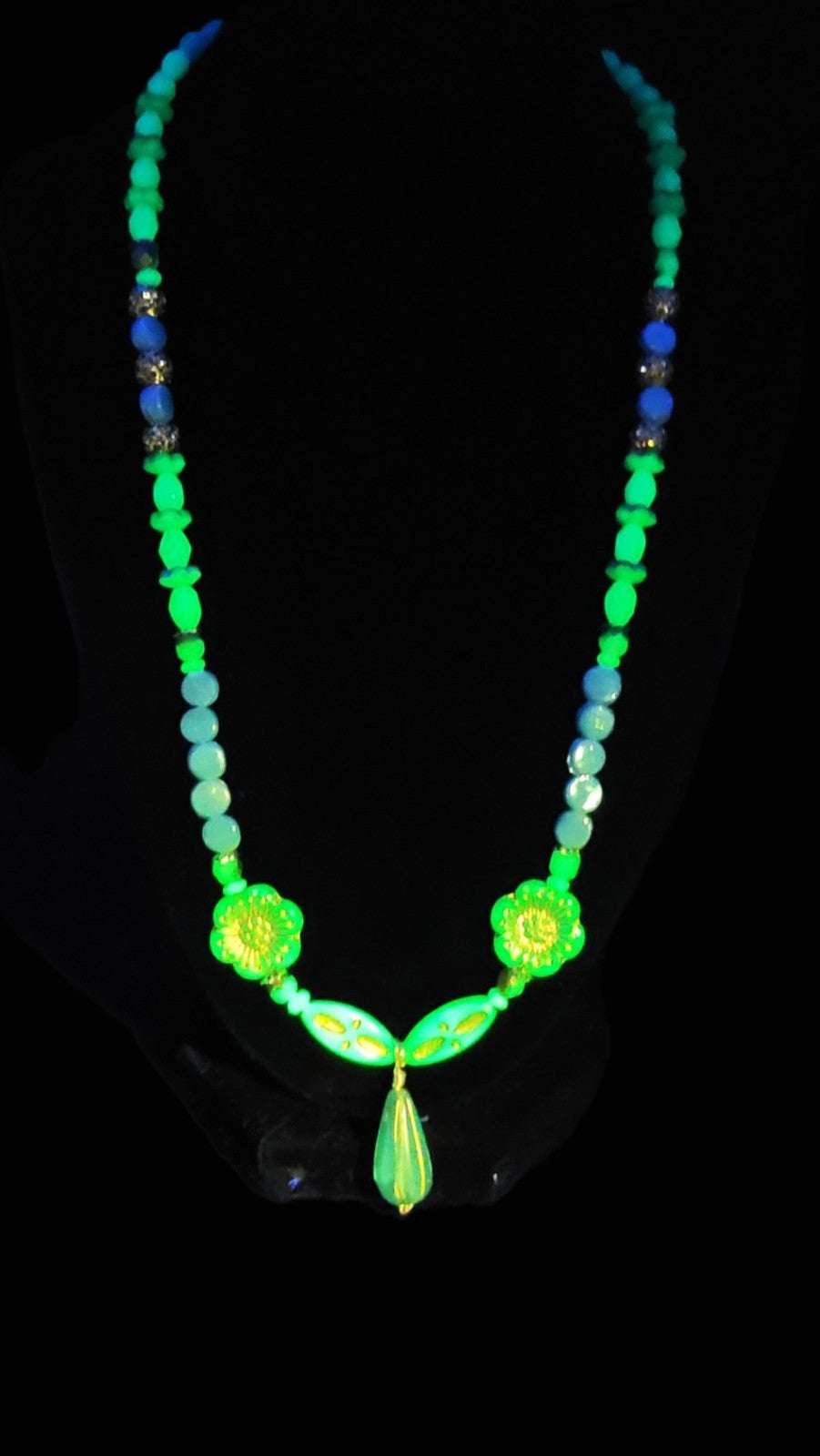 Uranium Czech UV Glass Beads and Genuine Turquoise 21" Necklace/ 1" Pendant