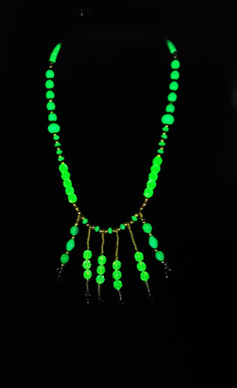 Uranium Turquoise and Green Colored Glass Beads, Hand Wired Dangles 16" Necklace