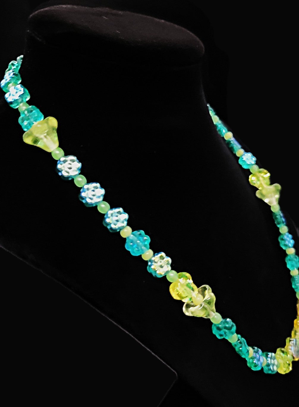 UV Glow Uranium Czech Blue and Yellow Flowers, Glass Bead 17" Necklace with Bead Spacers