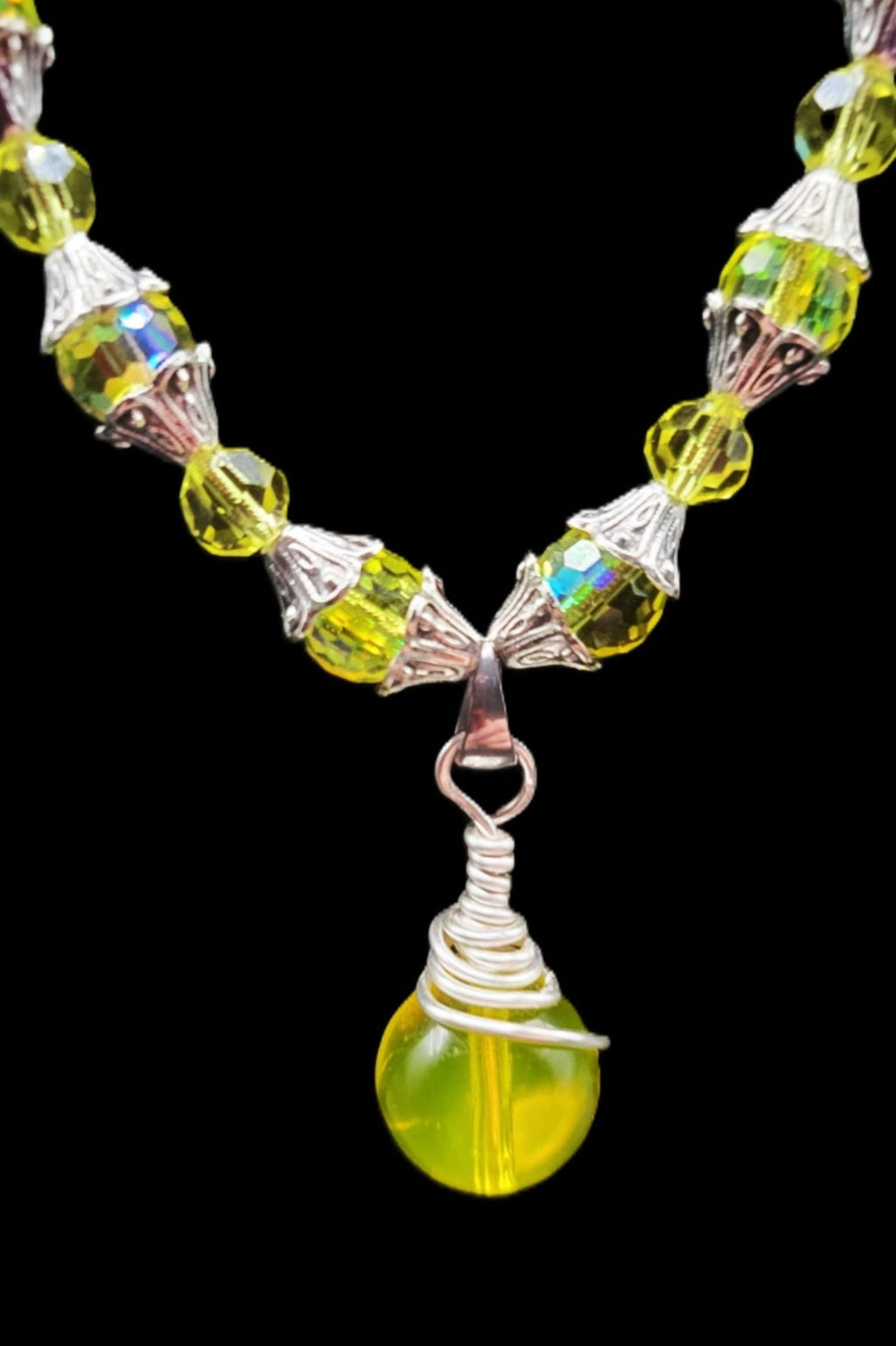 UV Glow Cadmium Glass Beads 18" Necklace Strung on Silver Tone Snake Chain