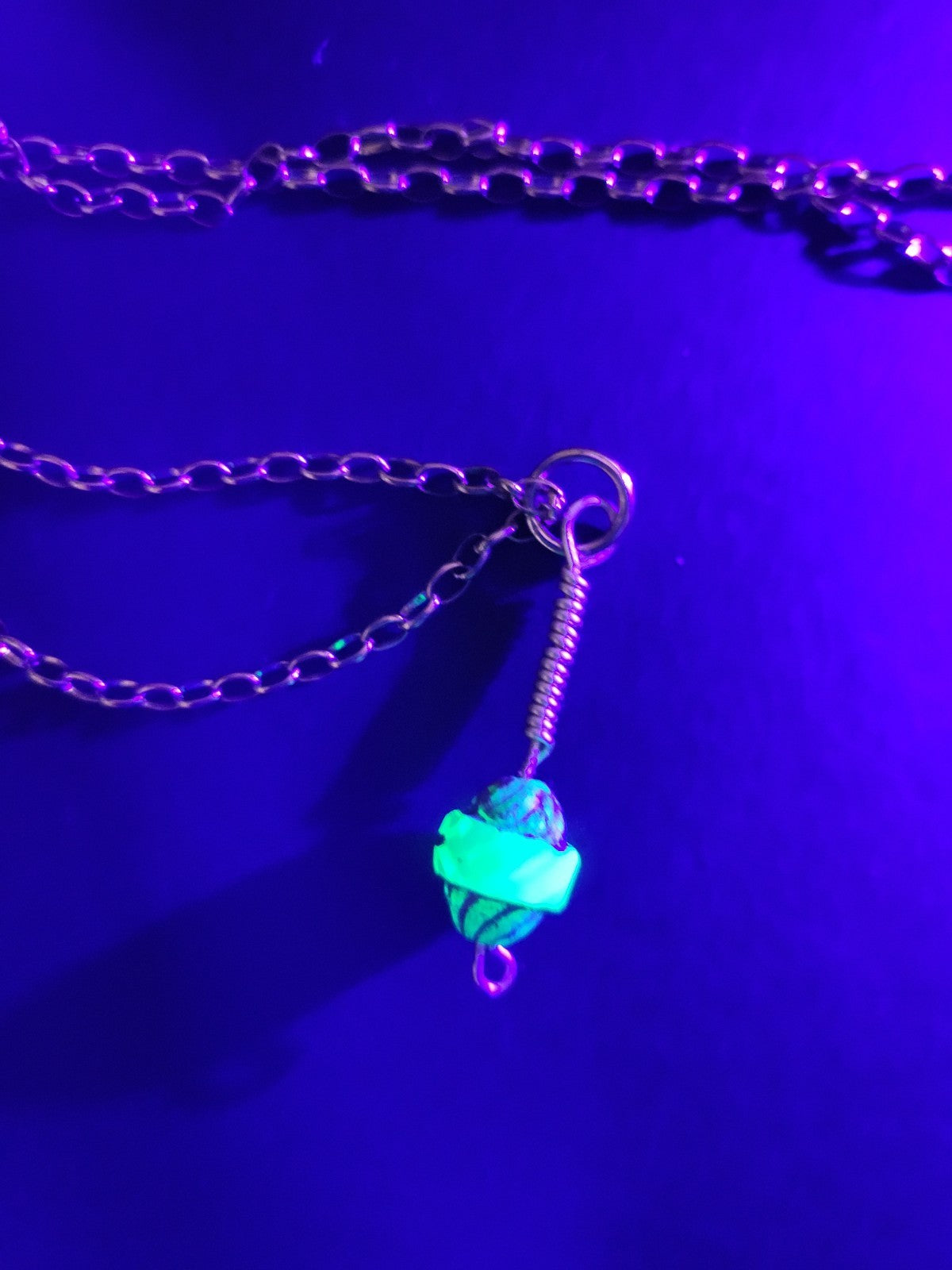 Uranium UV Glow Hand wired pendant, Aqua Czech glass bead pendant on an 18" Gold Tone Oval Link Chain