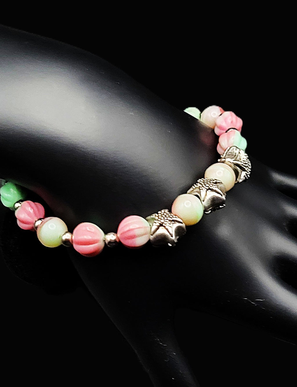 UV Glow Uranium Pink and Green Melon Glass Beads with Starfish Spacers 8" Bracelet