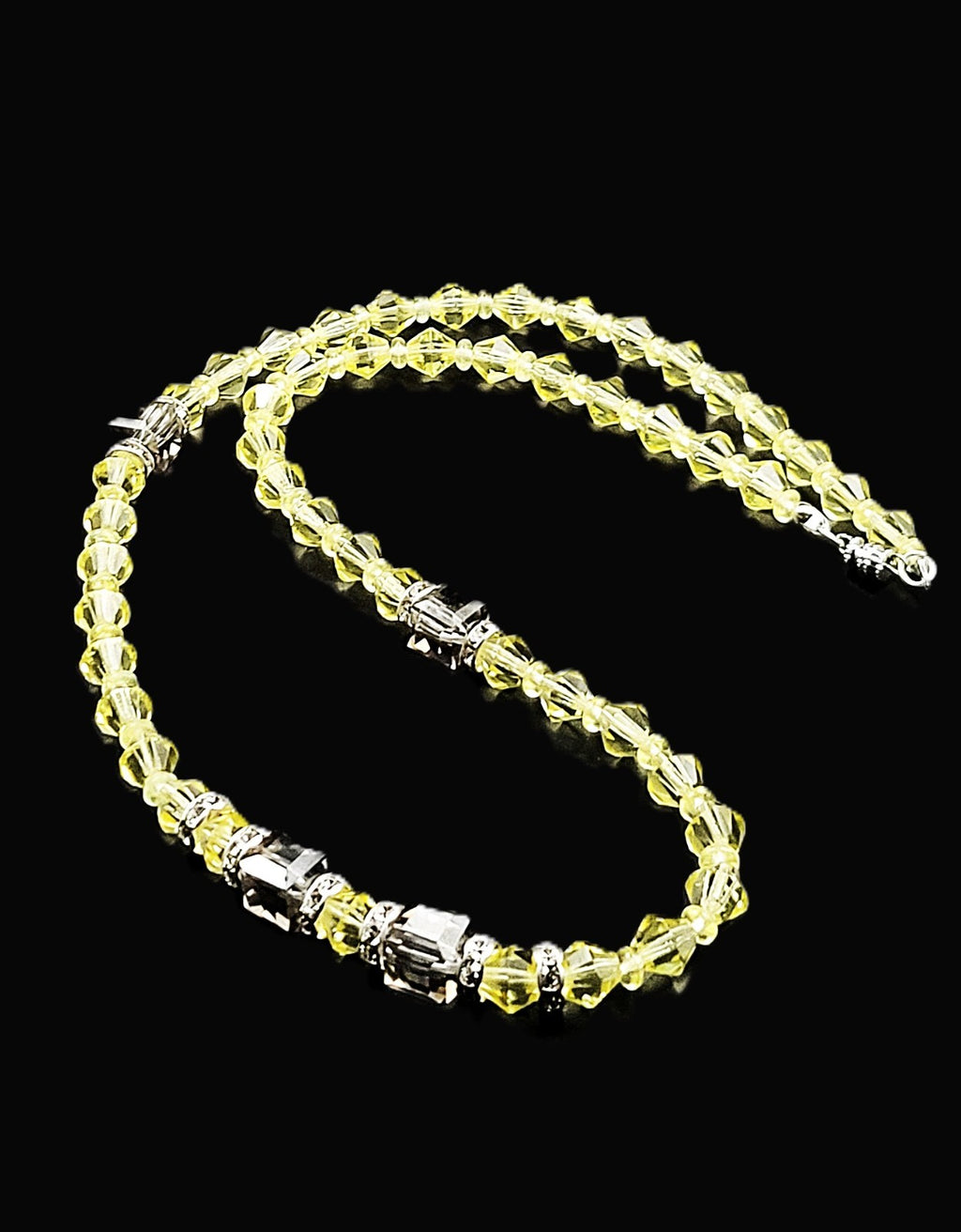 UV Glow Uranium Czech Yellow Crystals Bicone Glass Beads 22" Necklace with Accents