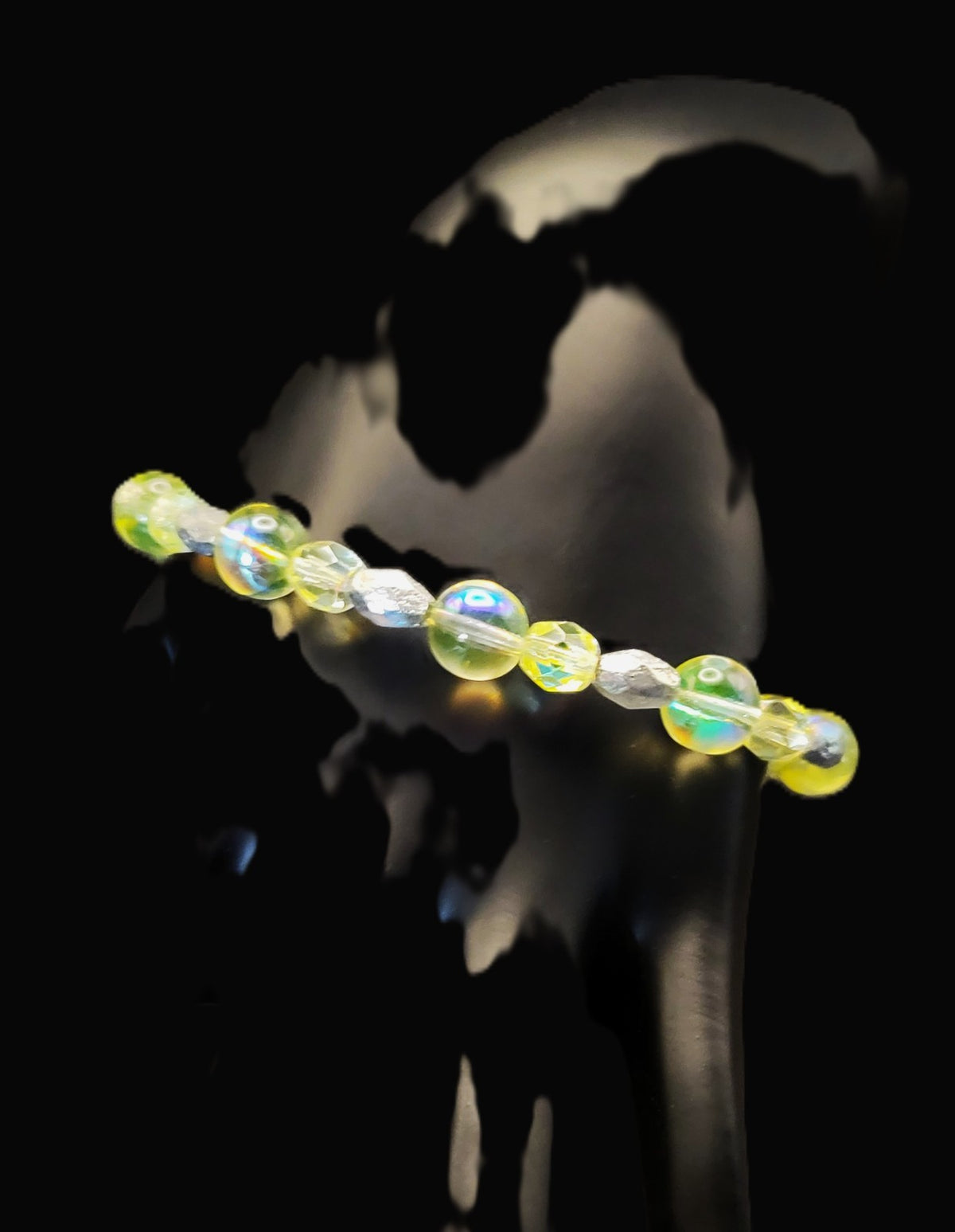 UV Glow Uranium AB Glass Green Beads and Faceted Czech 7" Bracelet with Clasp