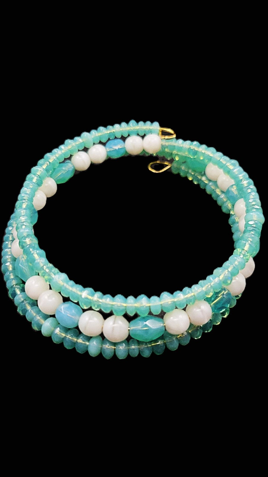UV Glow Uranium Czech Glass Bead Triple Strand Aqua Coil Bracelet on Gold Tone Memory Wire