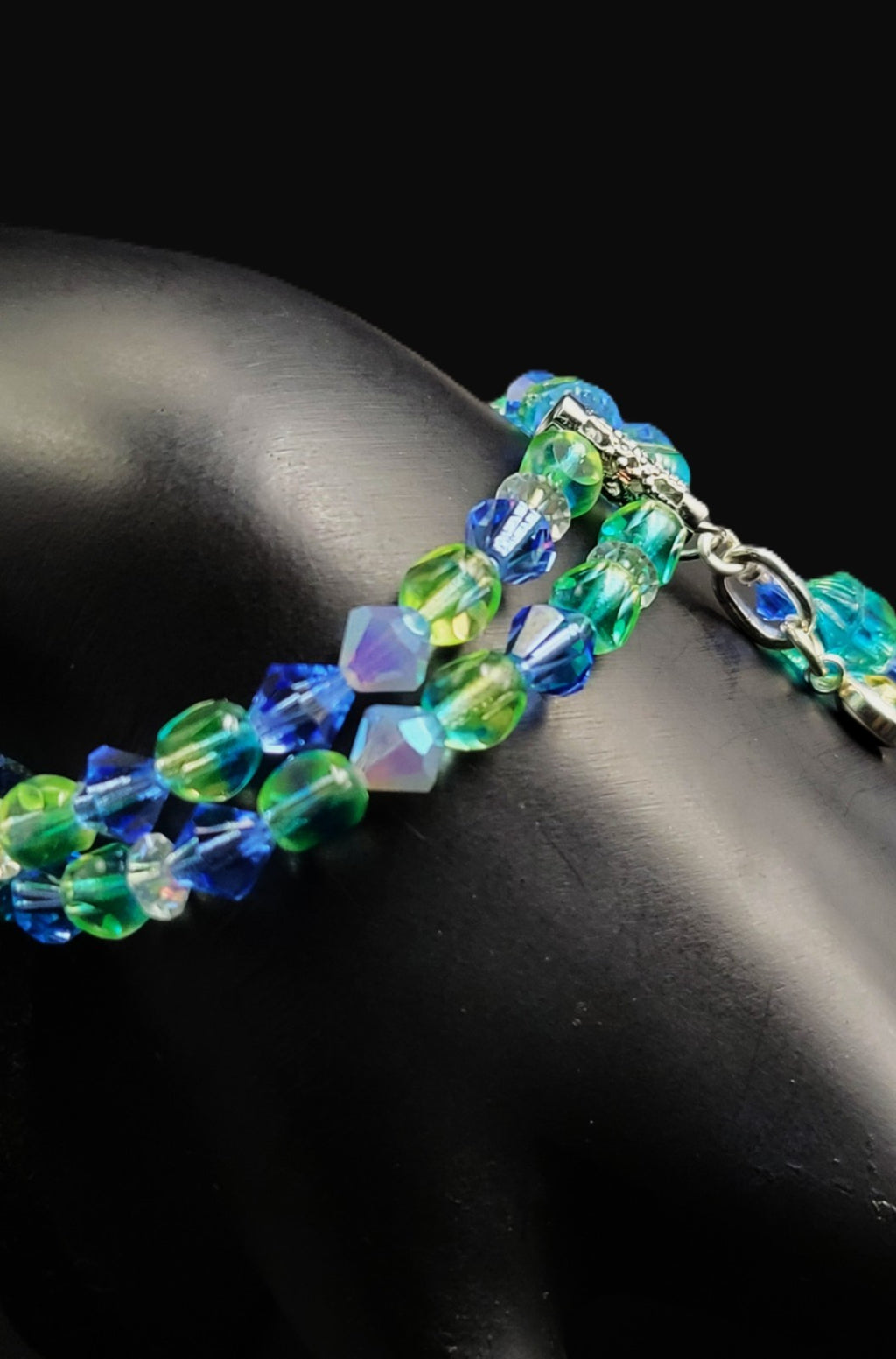 UV Uranium Czech Glass Bead Double Strand 7" Stretch Bracelet With a Center Dangle