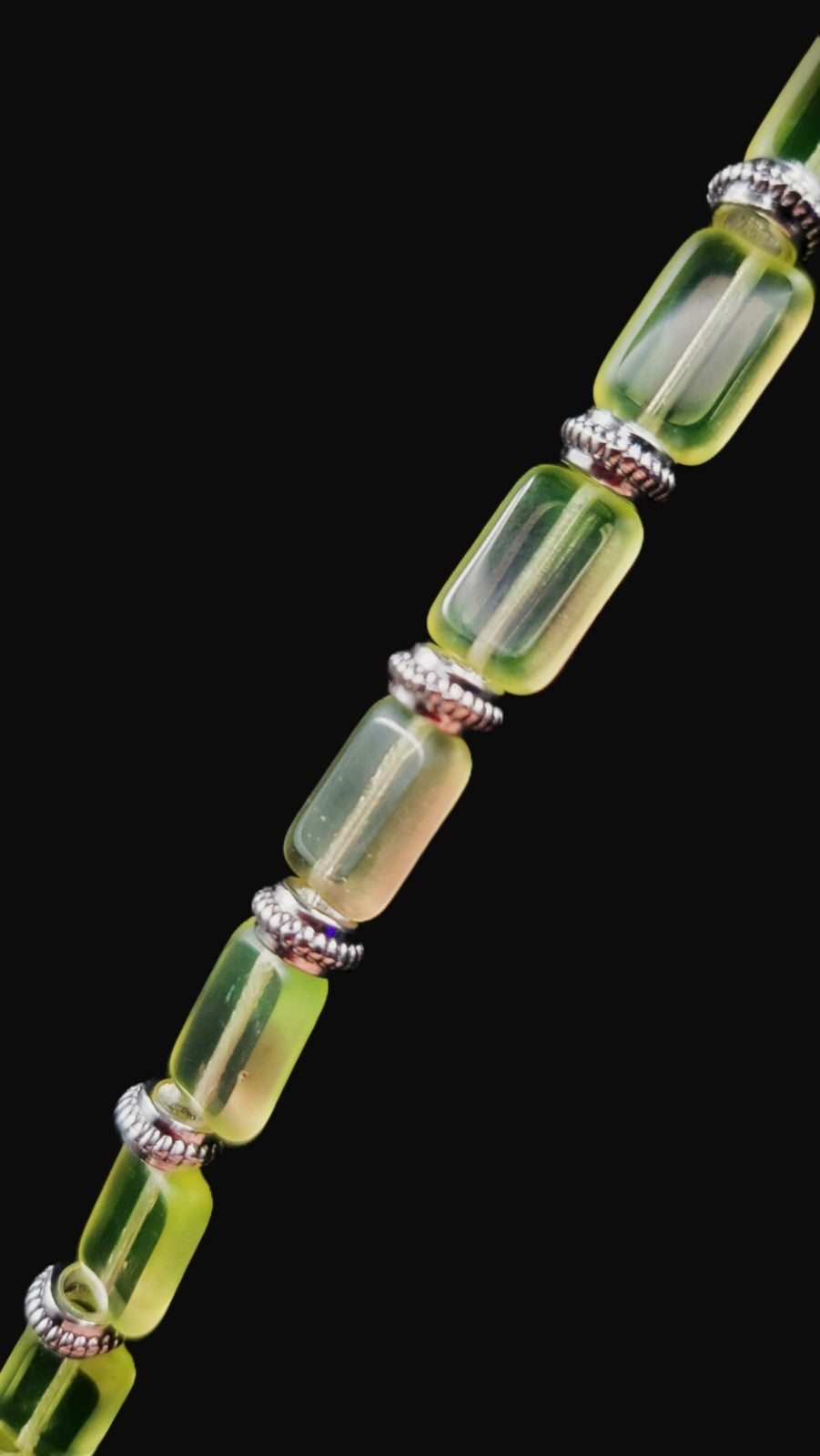 UV Glow Uranium Czech Tile and AB Cubes glass bead  20" Necklace with Silver Tone Spacers